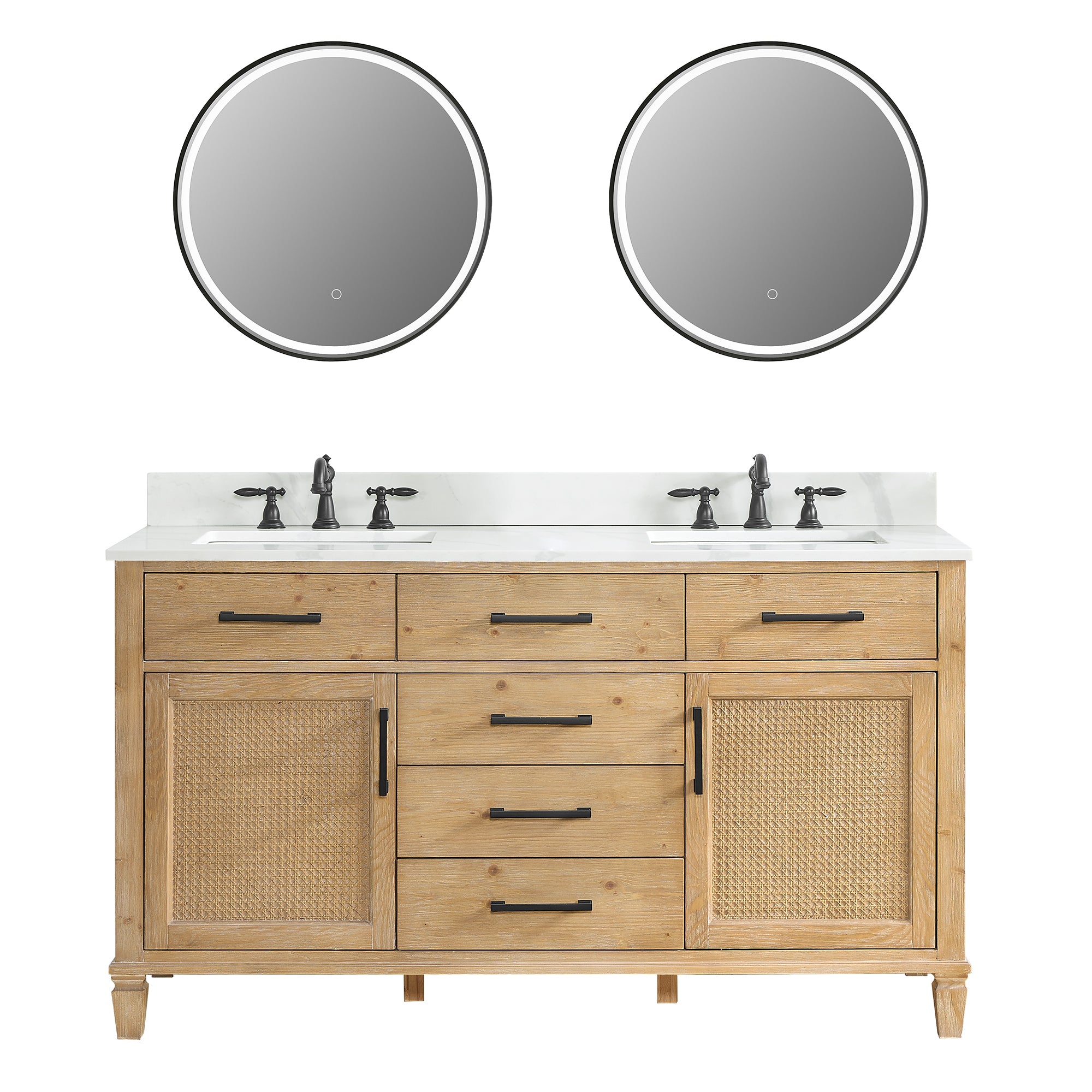 Solana 60" Double Bathroom Vanity in Weathered Fir with Calacatta White Quartz Countertop