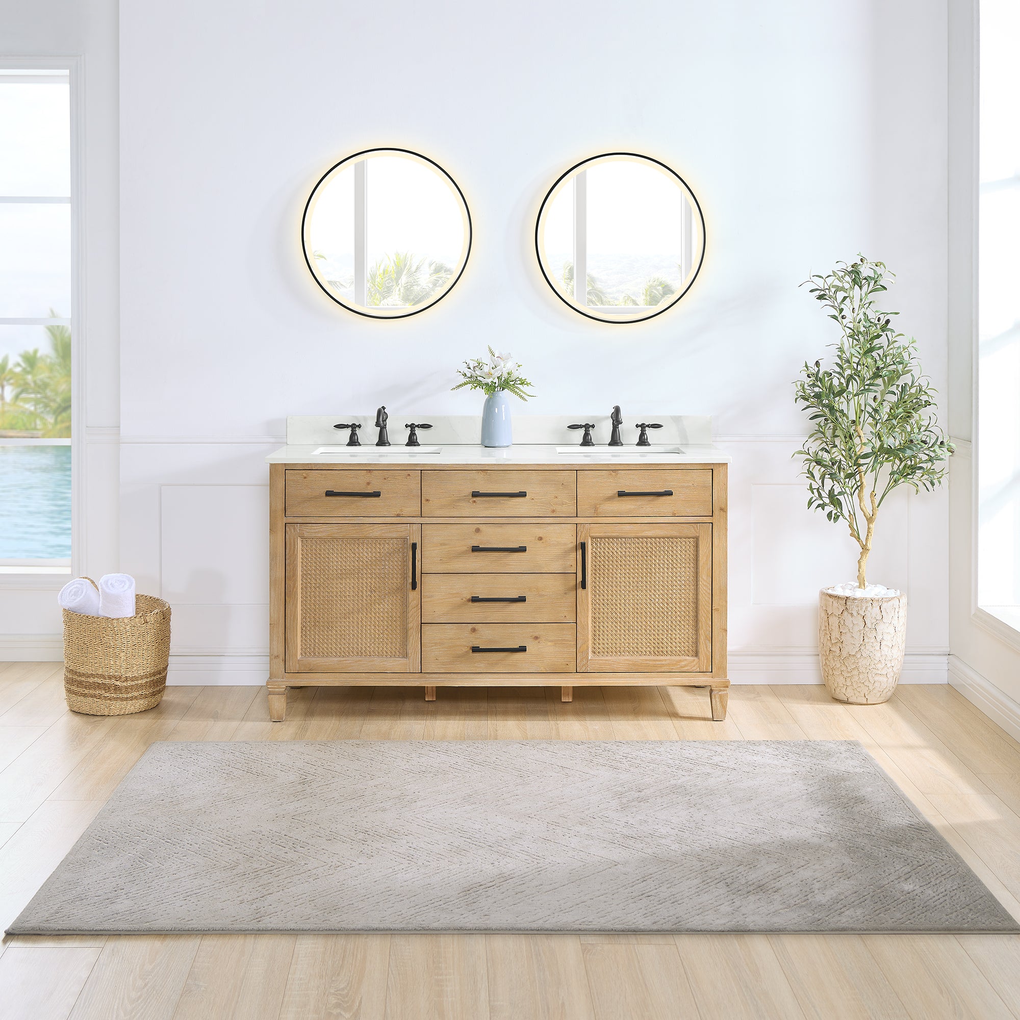 Solana 60" Double Bathroom Vanity in Weathered Fir with Calacatta White Quartz Countertop