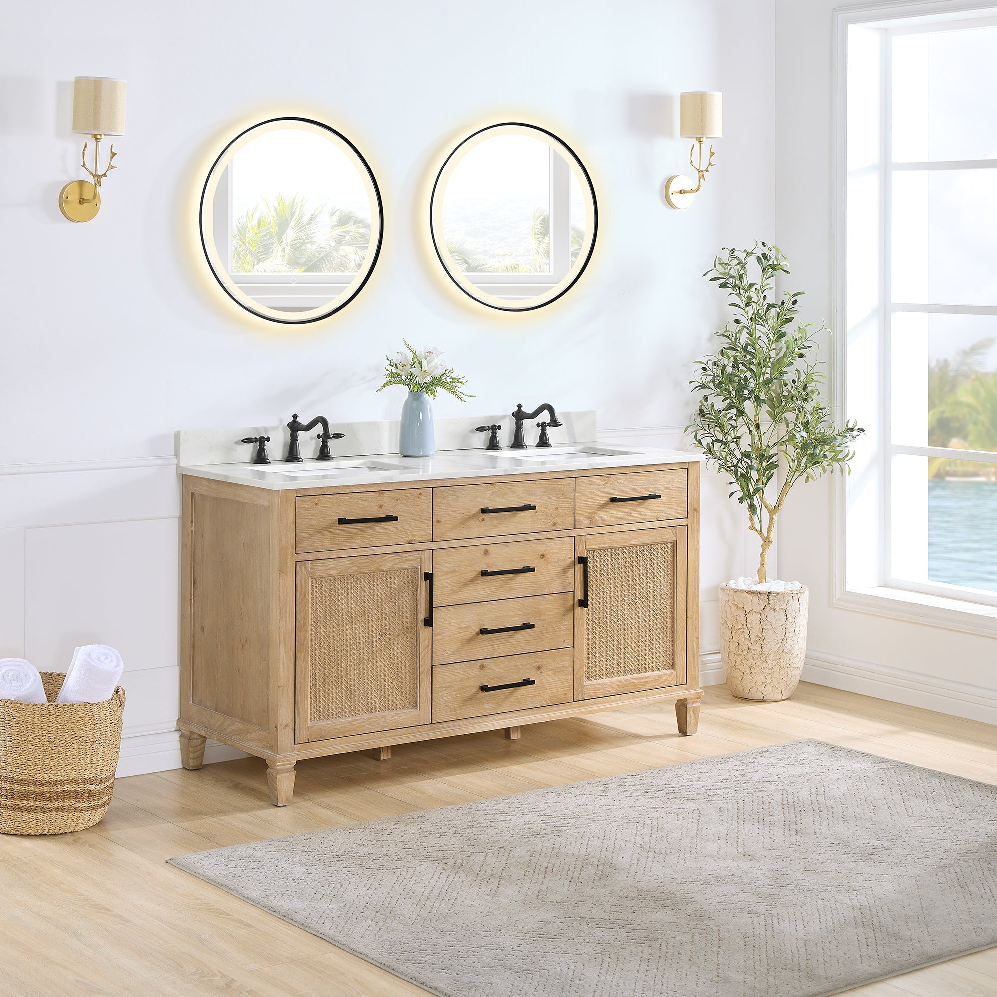 Solana 60" Double Bathroom Vanity in Weathered Fir with Calacatta White Quartz Countertop