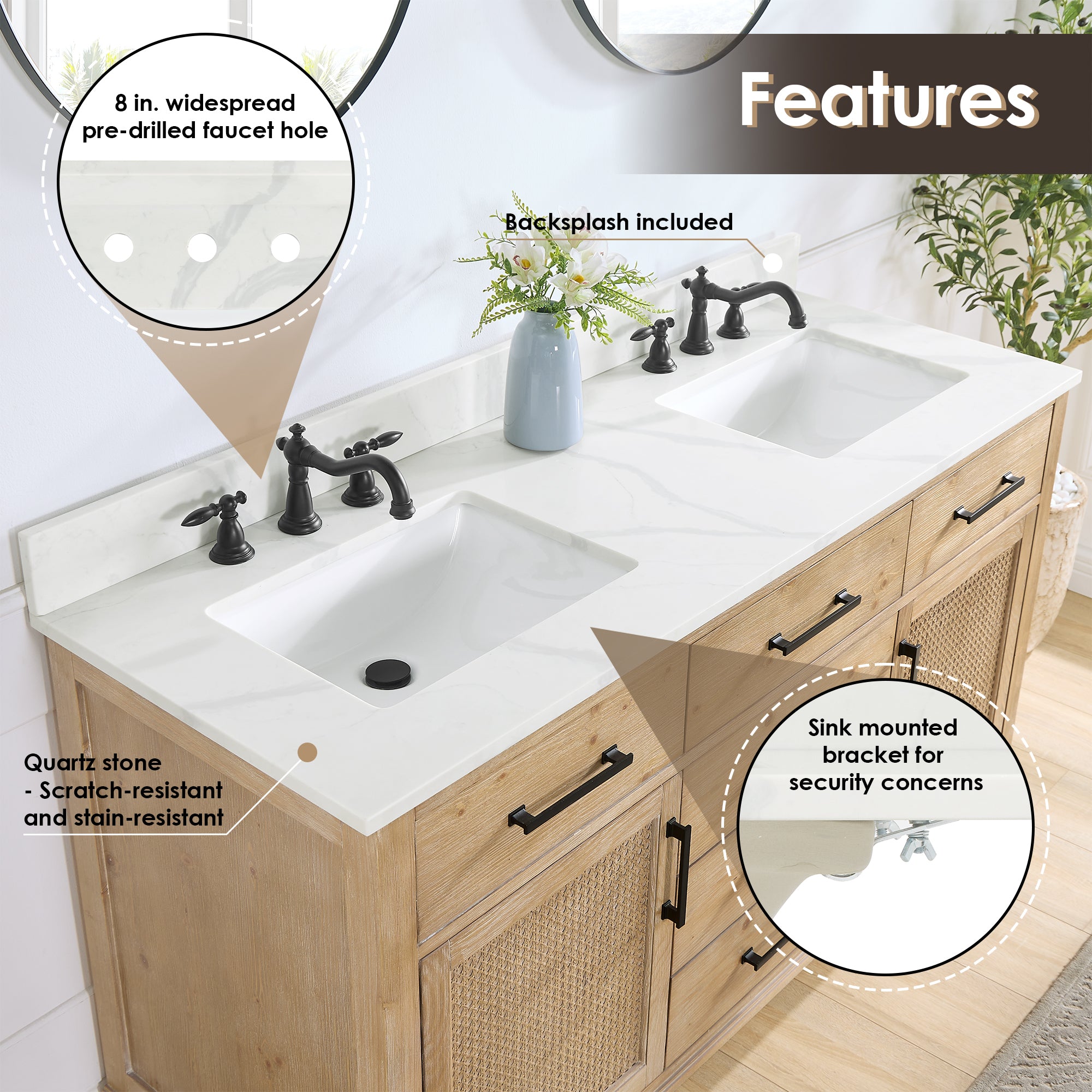 Solana 60" Double Bathroom Vanity in Weathered Fir with Calacatta White Quartz Countertop