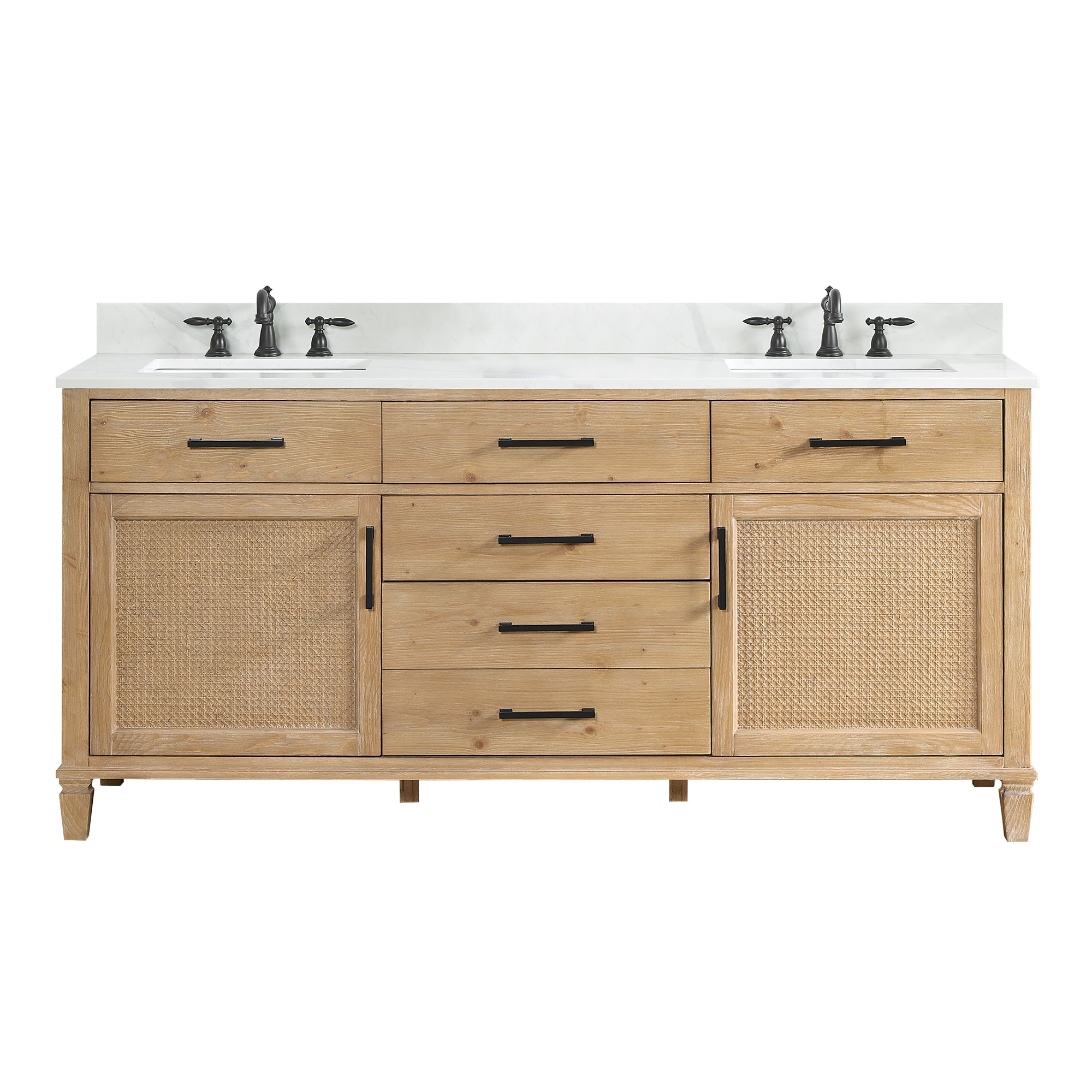 Solana 72" Double Bathroom Vanity in Weathered Fir with Calacatta White Quartz Countertop