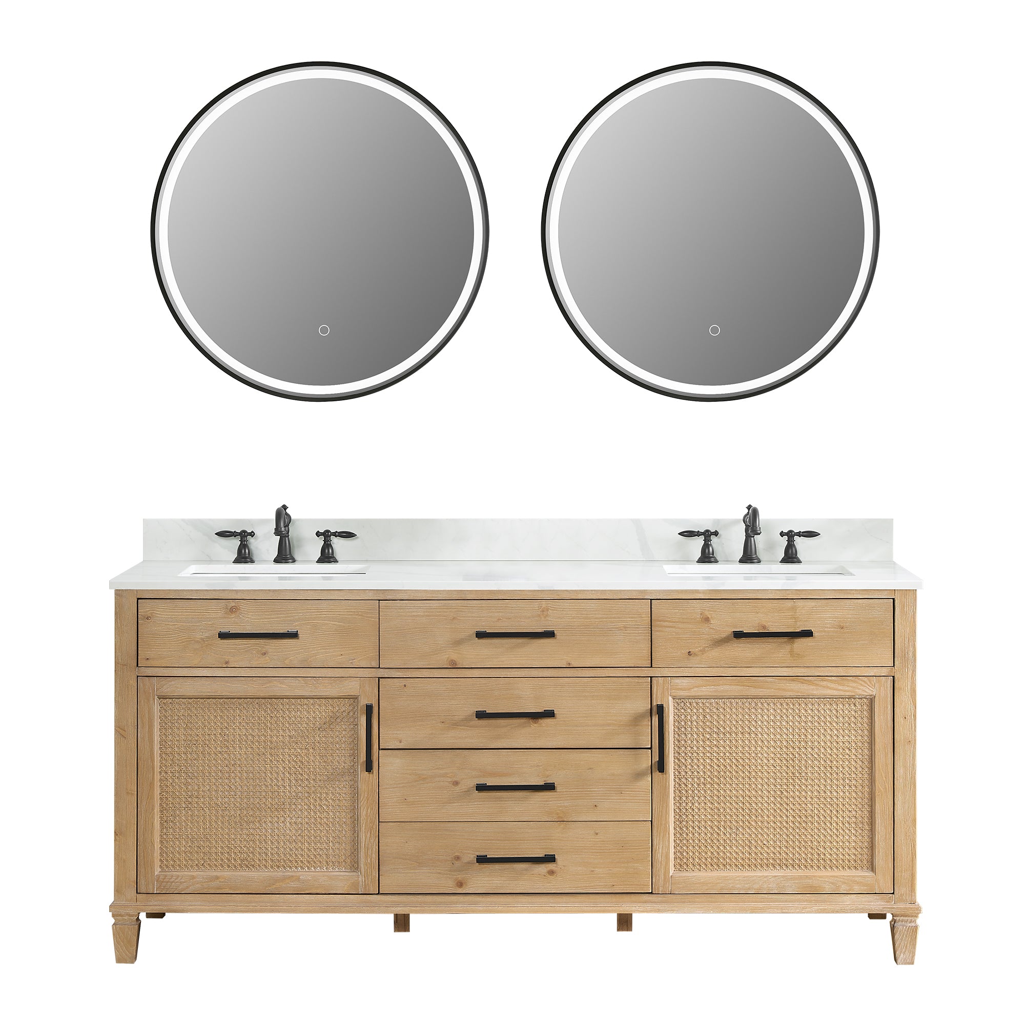 Solana 72" Double Bathroom Vanity in Weathered Fir with Calacatta White Quartz Countertop