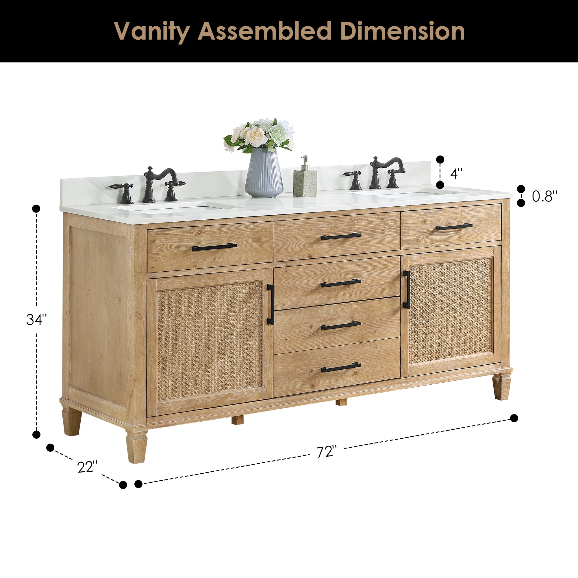 Solana 72" Double Bathroom Vanity in Weathered Fir with Calacatta White Quartz Countertop