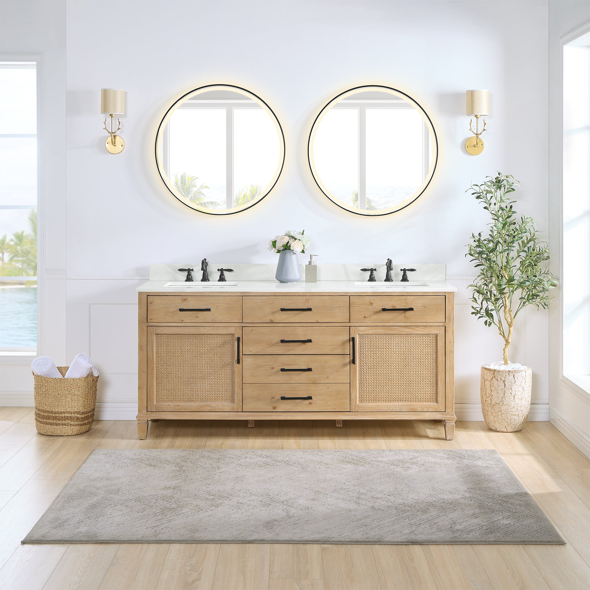 Solana 72" Double Bathroom Vanity in Weathered Fir with Calacatta White Quartz Countertop