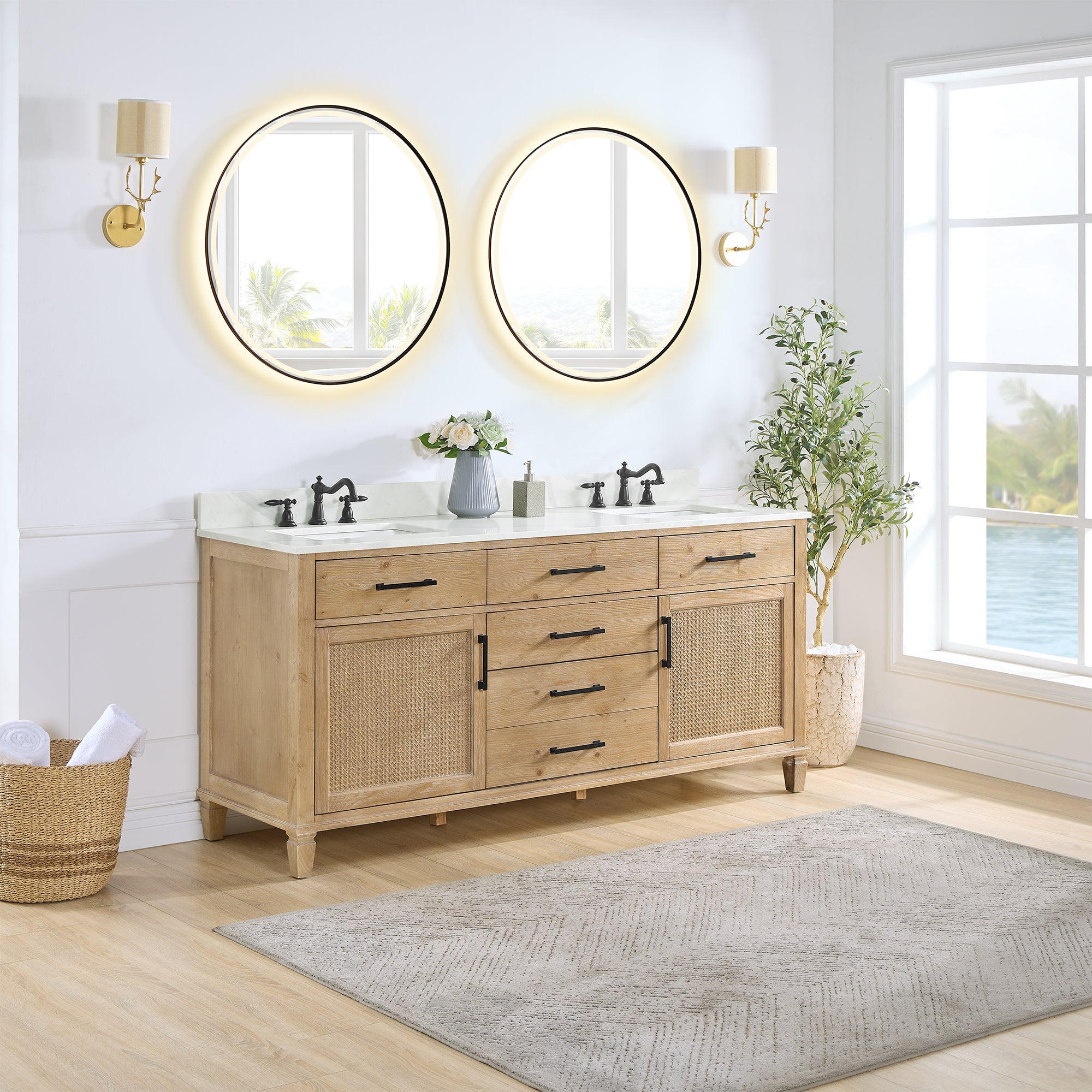 Solana 72" Double Bathroom Vanity in Weathered Fir with Calacatta White Quartz Countertop