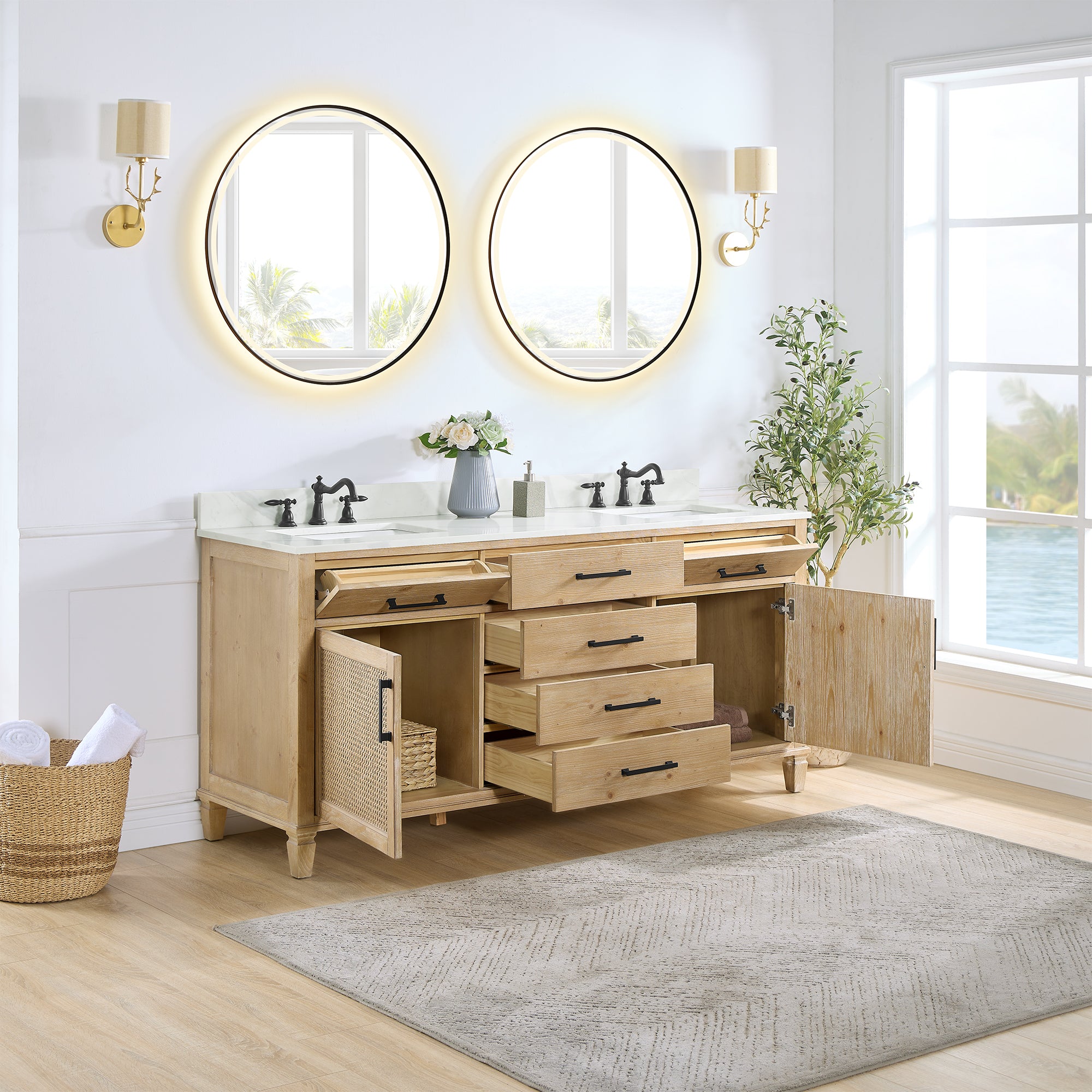 Solana 72" Double Bathroom Vanity in Weathered Fir with Calacatta White Quartz Countertop