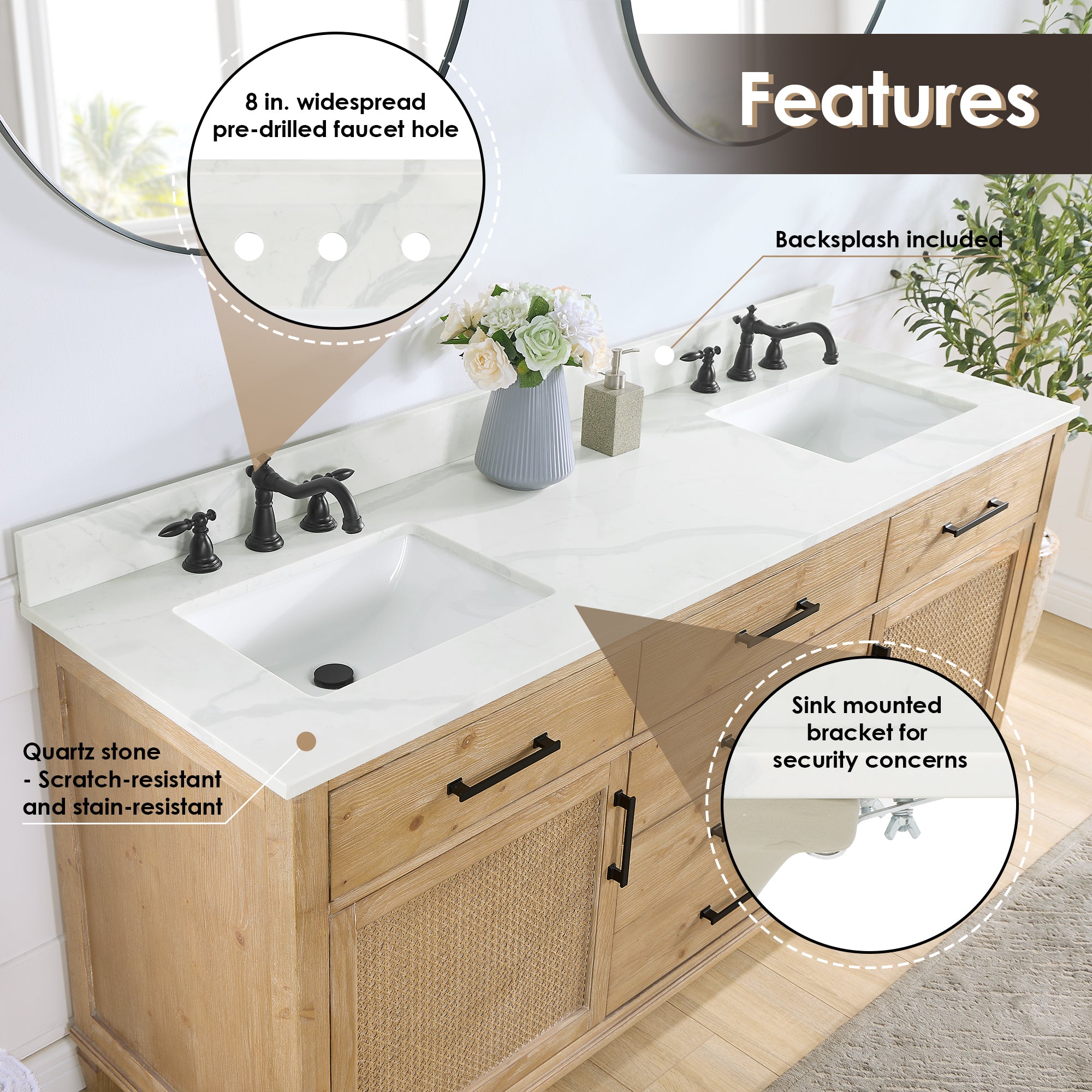 Solana 72" Double Bathroom Vanity in Weathered Fir with Calacatta White Quartz Countertop