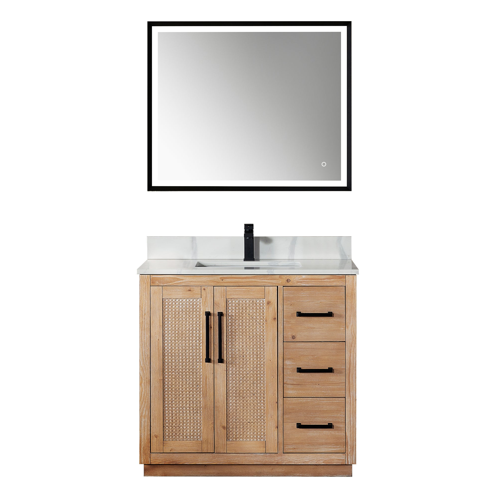 Floral 36" Single Bathroom Vanity in Light Brown with Calacatta White Quartz Countertop