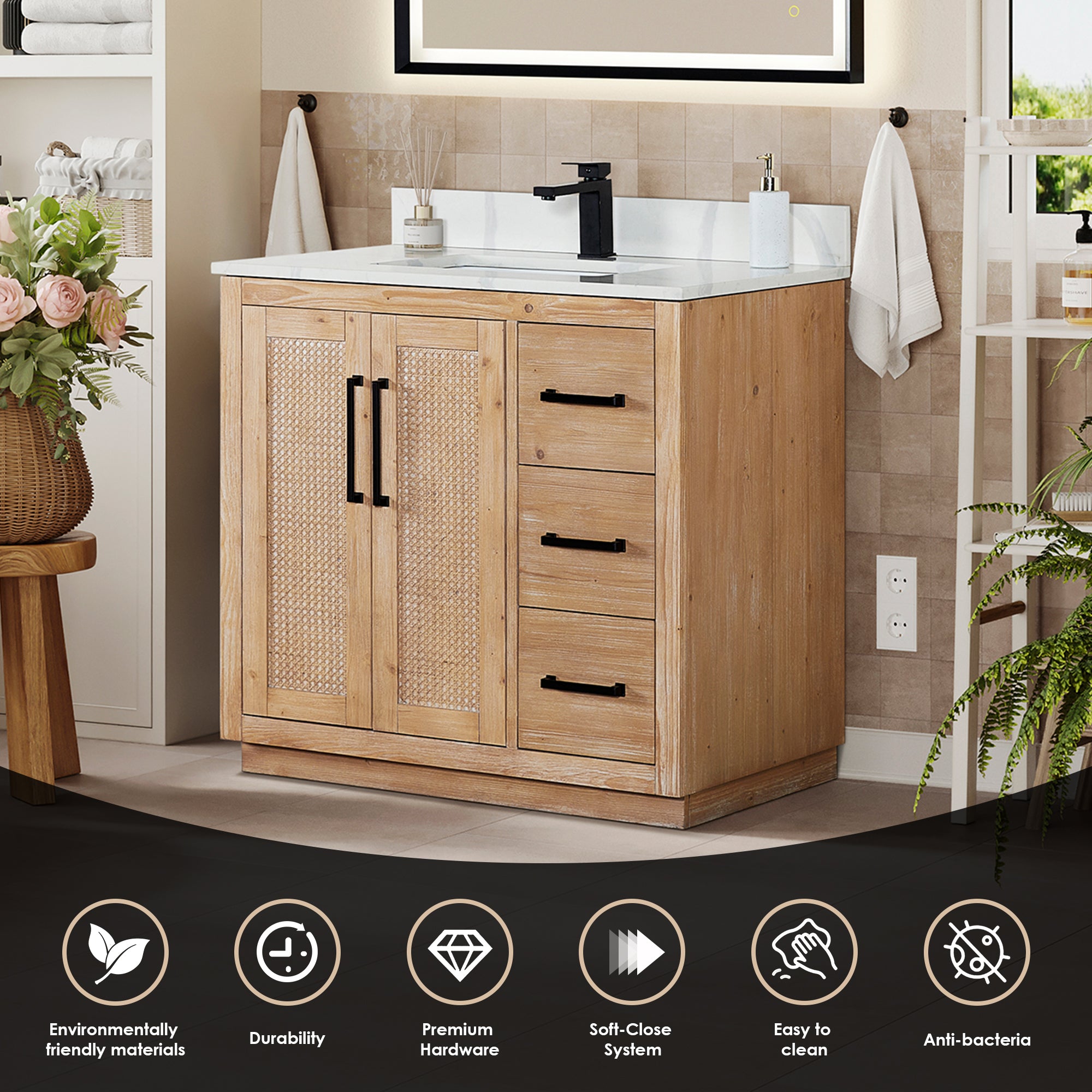 Floral 36" Single Bathroom Vanity in Light Brown with Calacatta White Quartz Countertop