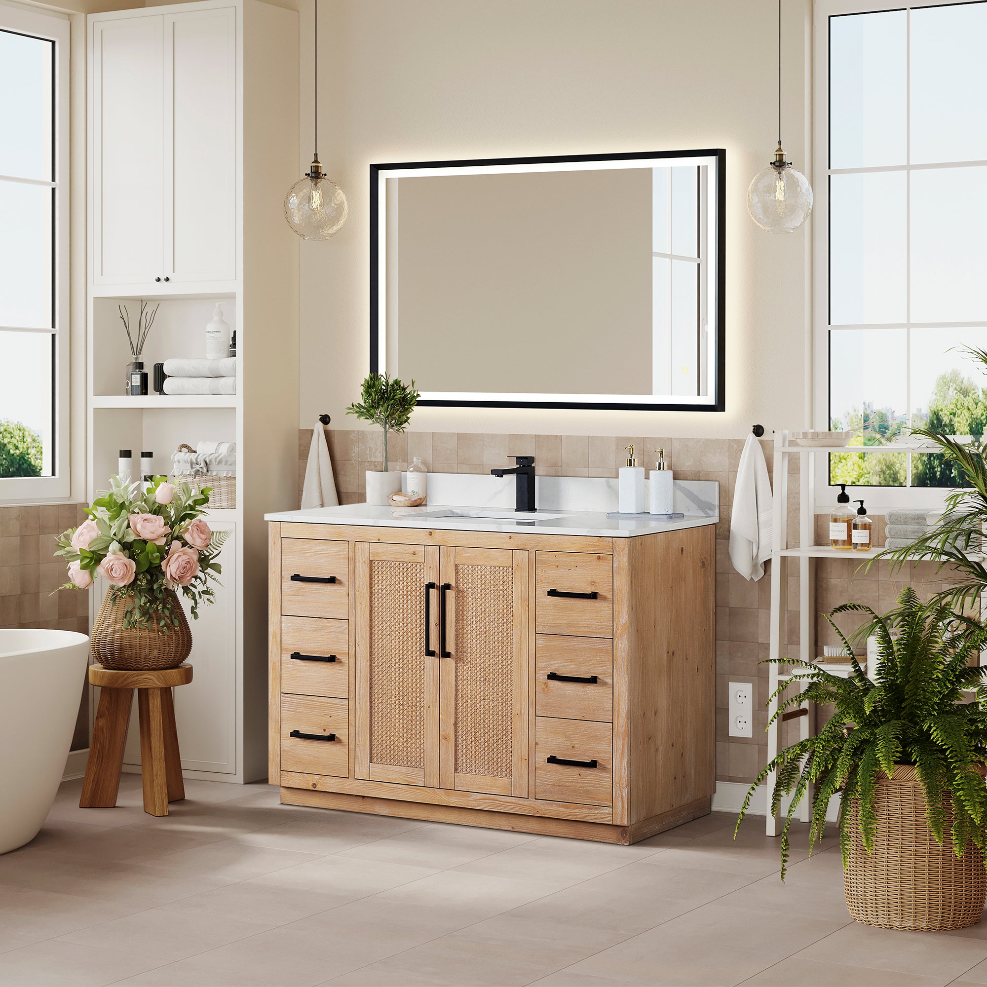 Floral 48" Single Bathroom Vanity in Light Brown with Calacatta White Quartz Countertop