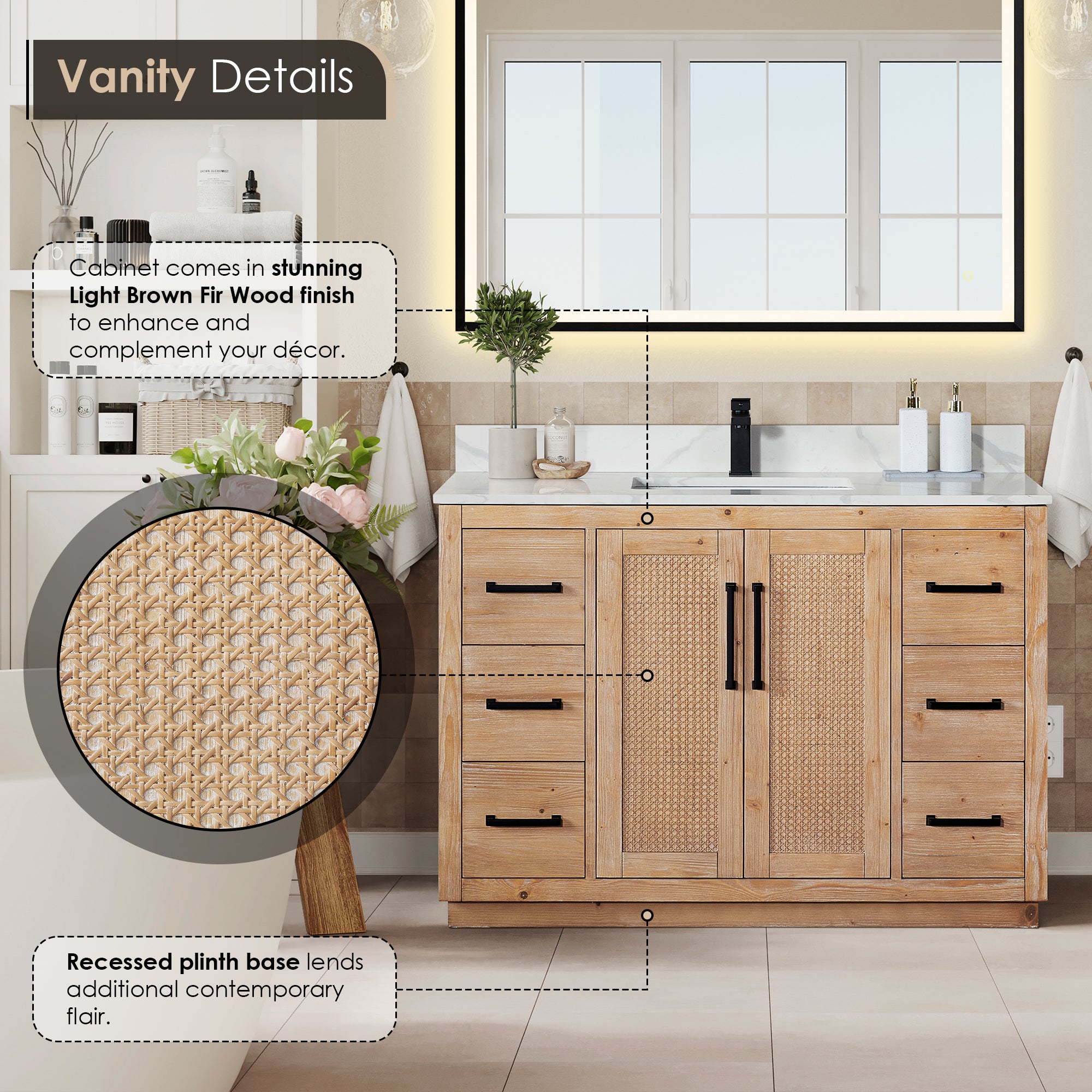 Floral 48" Single Bathroom Vanity in Light Brown with Calacatta White Quartz Countertop