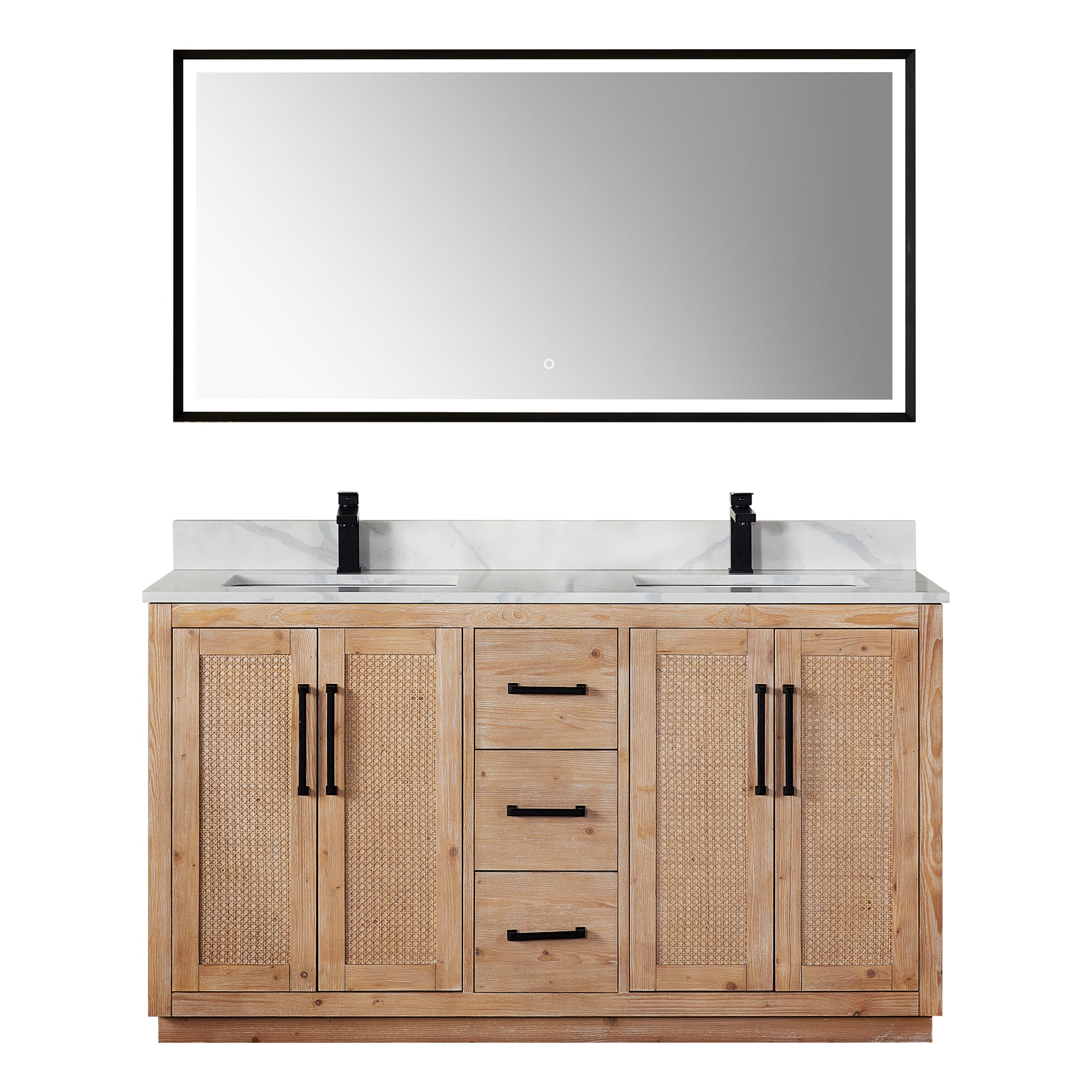 Floral 60" Double Bathroom Vanity in Light Brown with Calacatta White Quartz Countertop