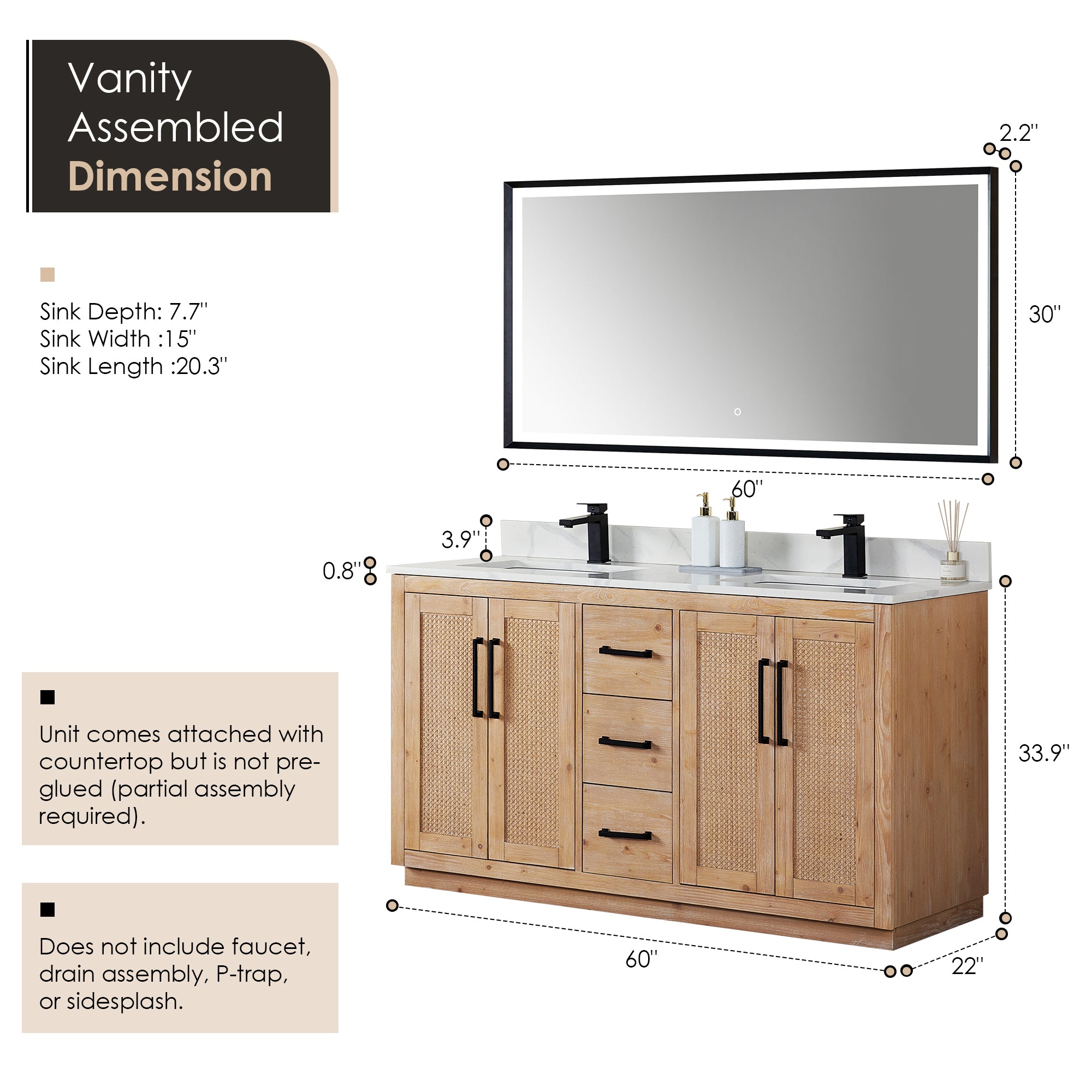 Floral 60" Double Bathroom Vanity in Light Brown with Calacatta White Quartz Countertop