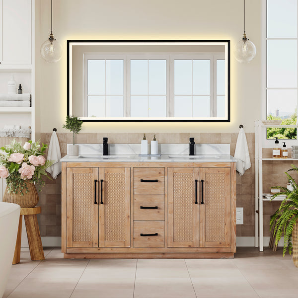 Floral 60" Double Bathroom Vanity in Light Brown with Calacatta White Quartz Countertop