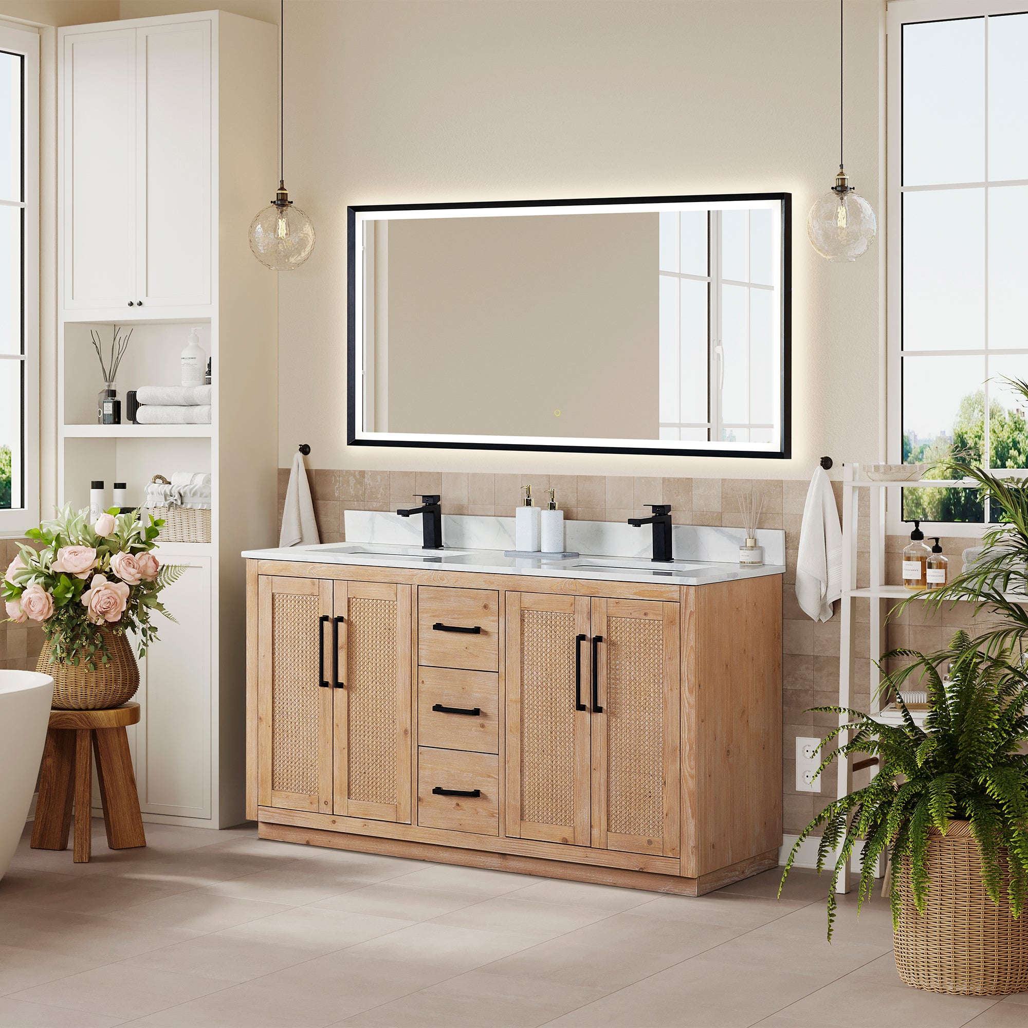 Floral 60" Double Bathroom Vanity in Light Brown with Calacatta White Quartz Countertop