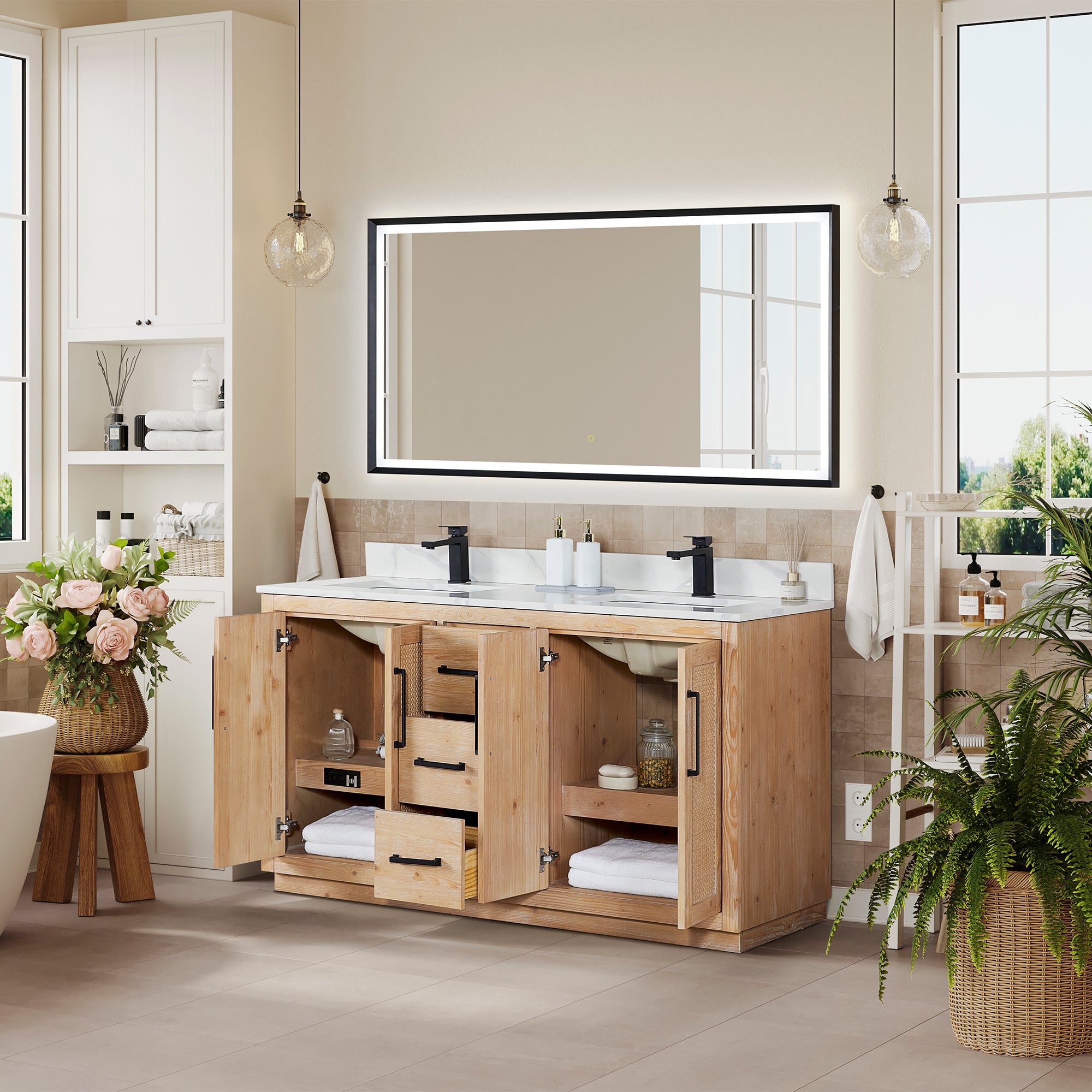 Floral 60" Double Bathroom Vanity in Light Brown with Calacatta White Quartz Countertop