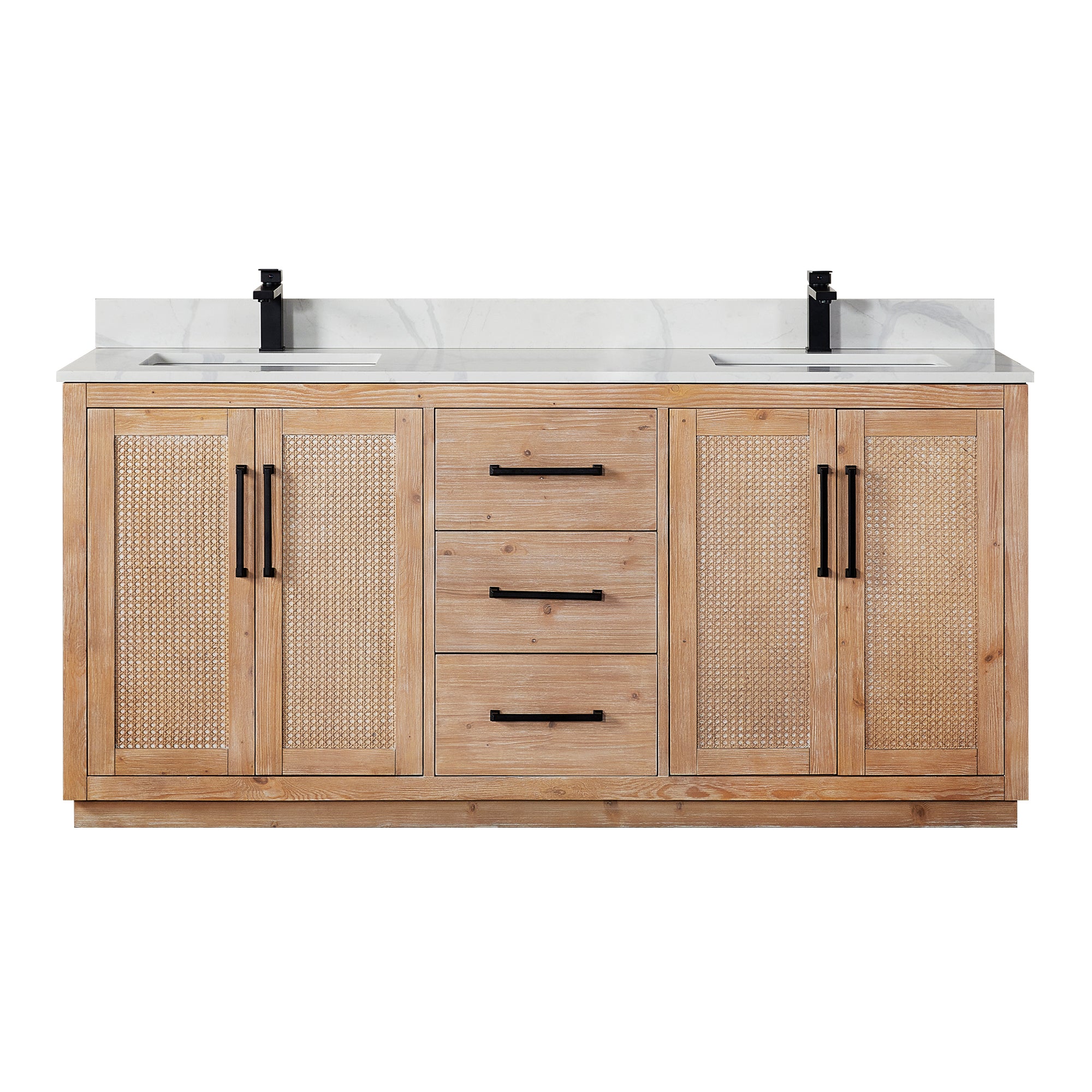 Floral 72" Double Bathroom Vanity in Light Brown with Calacatta White Quartz Countertop