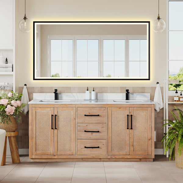 Floral 72" Double Bathroom Vanity in Light Brown with Calacatta White Quartz Countertop