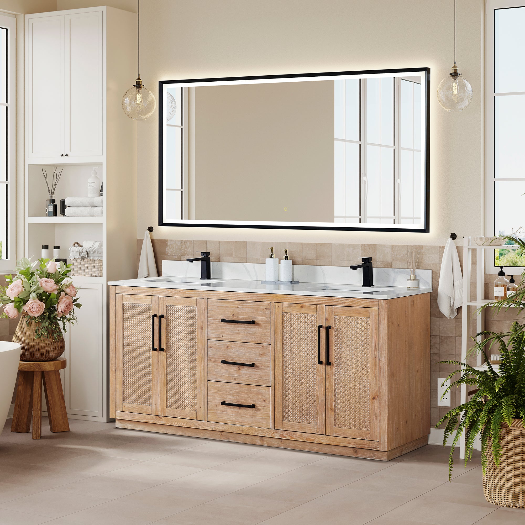 Floral 72" Double Bathroom Vanity in Light Brown with Calacatta White Quartz Countertop