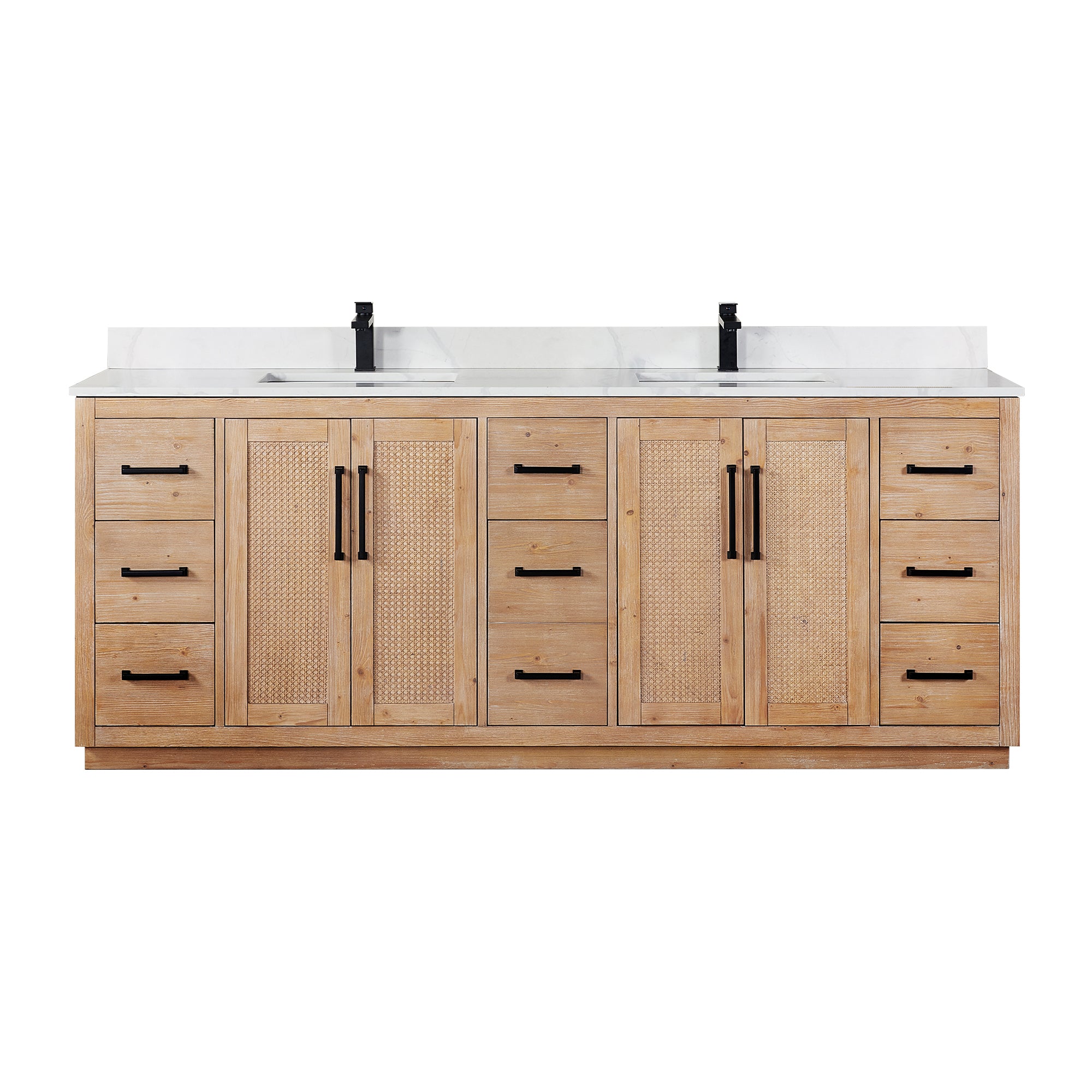 Floral 84" Double Bathroom Vanity in Light Brown with Calacatta White Quartz Countertop