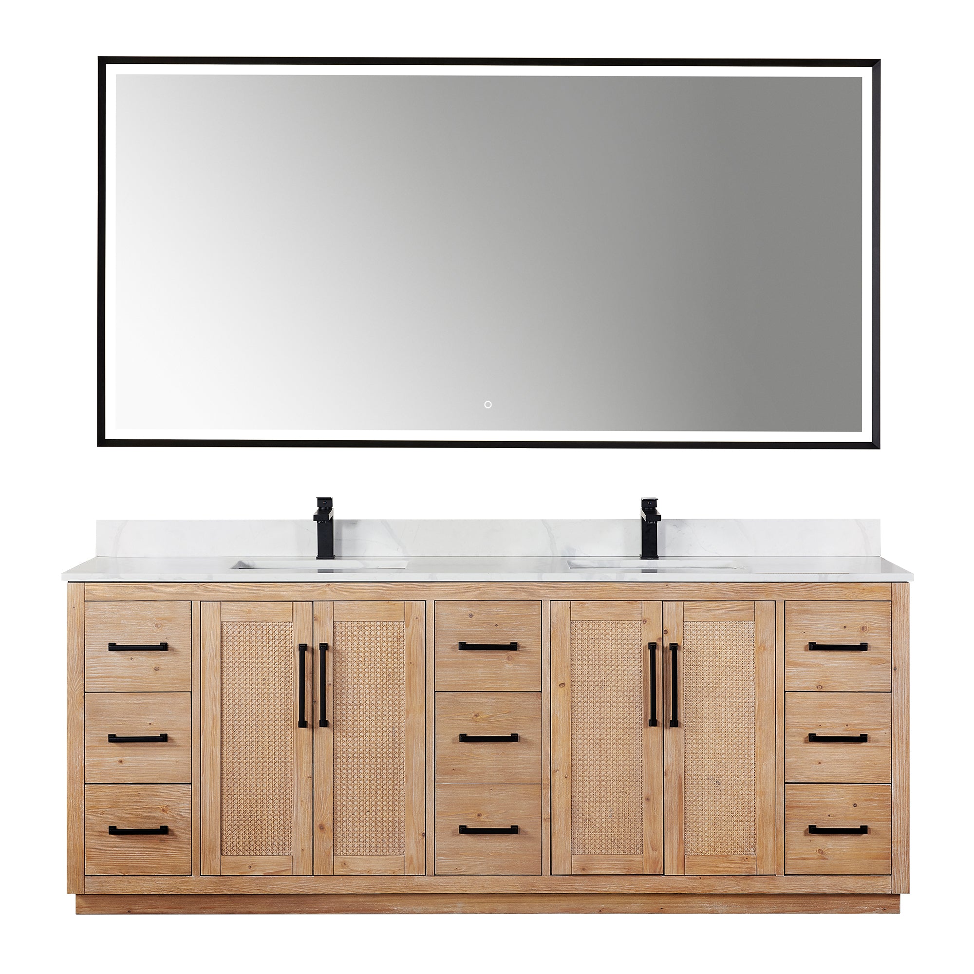 Floral 84" Double Bathroom Vanity in Light Brown with Calacatta White Quartz Countertop