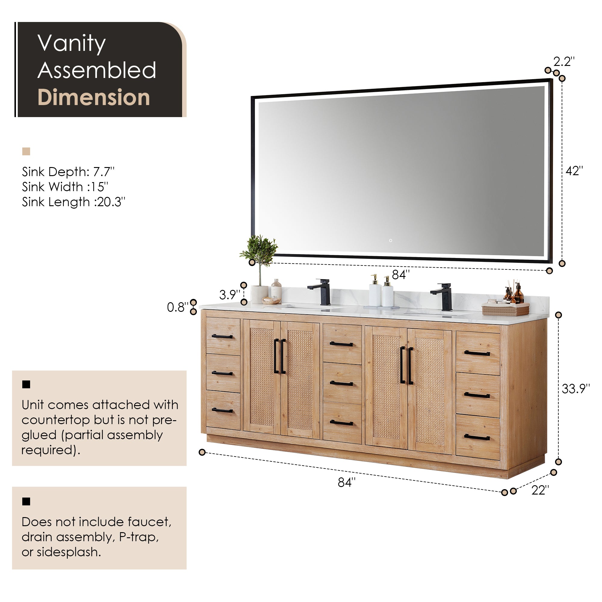 Floral 84" Double Bathroom Vanity in Light Brown with Calacatta White Quartz Countertop