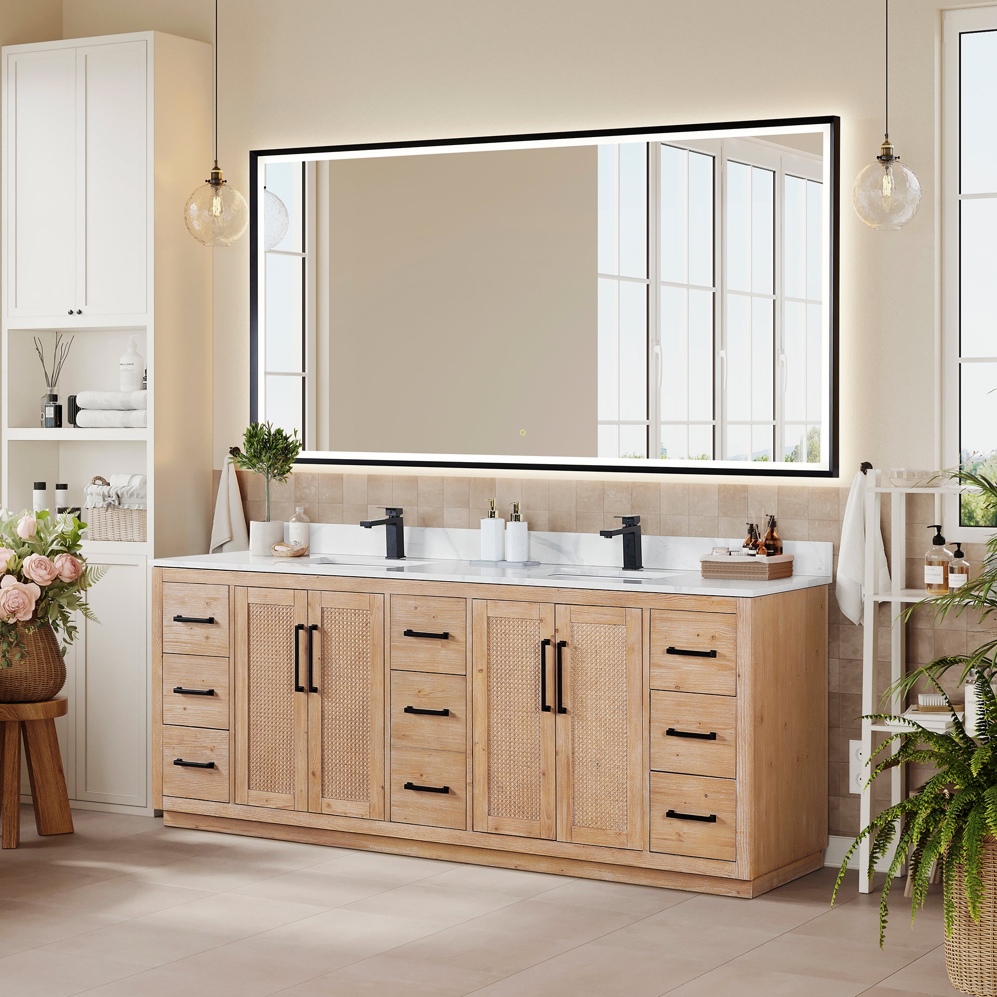 Floral 84" Double Bathroom Vanity in Light Brown with Calacatta White Quartz Countertop