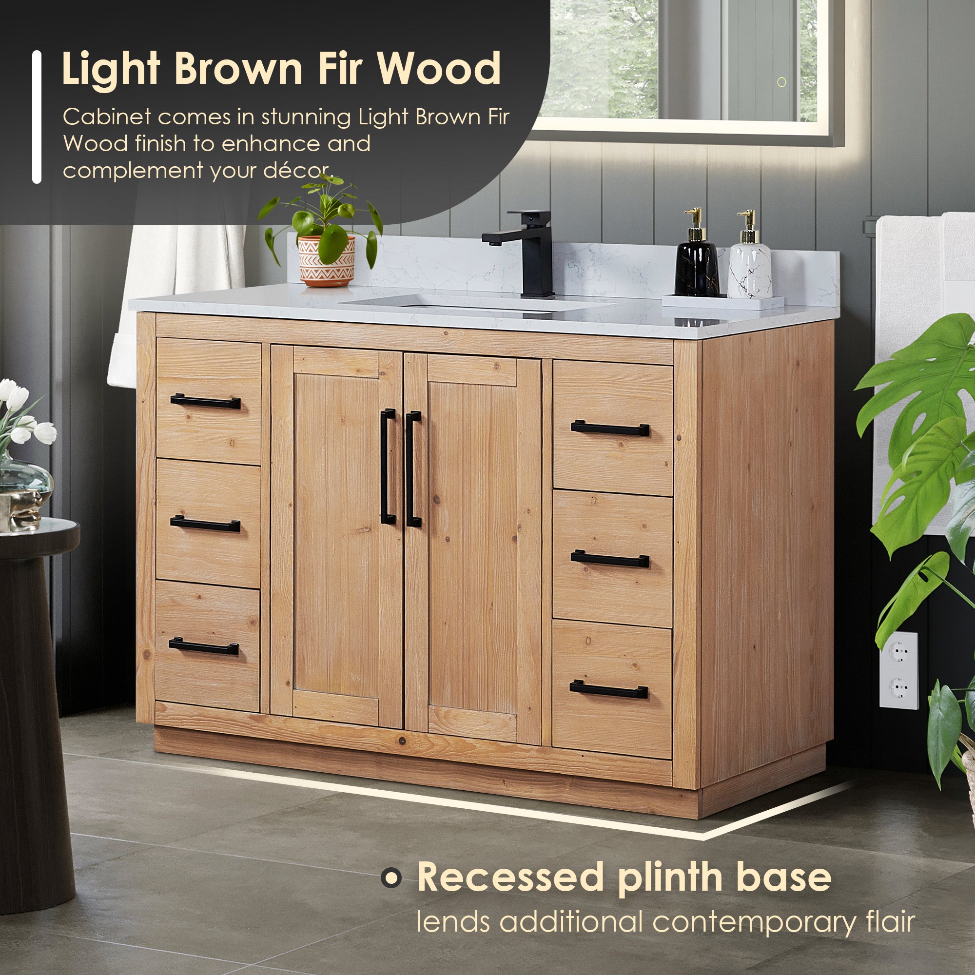 Cicero 48" Single Bathroom Vanity in Light Brown with Engineered Stone Countertop