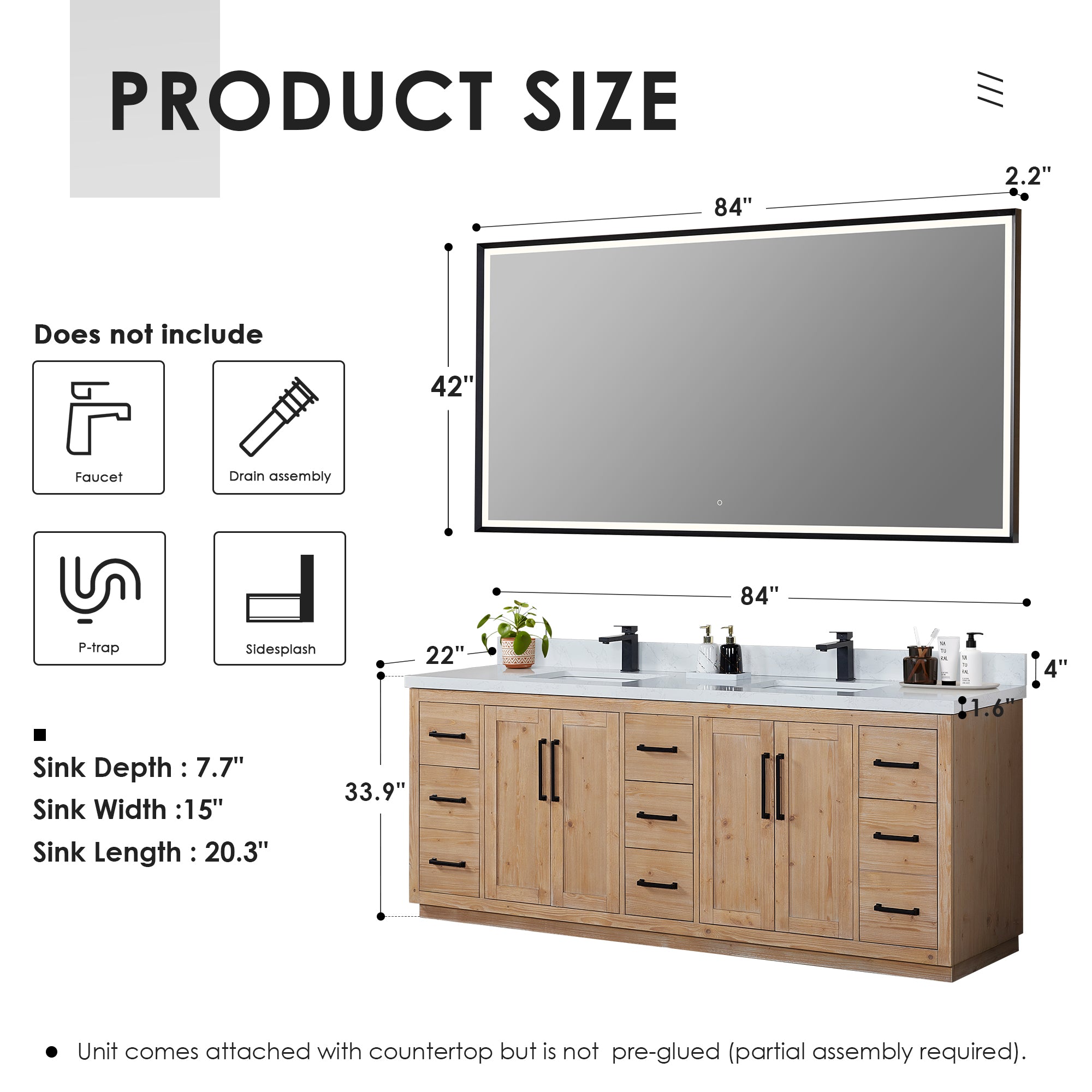 Cicero 84" Double Bathroom Vanity in Light Brown with Engineered Stone Countertop