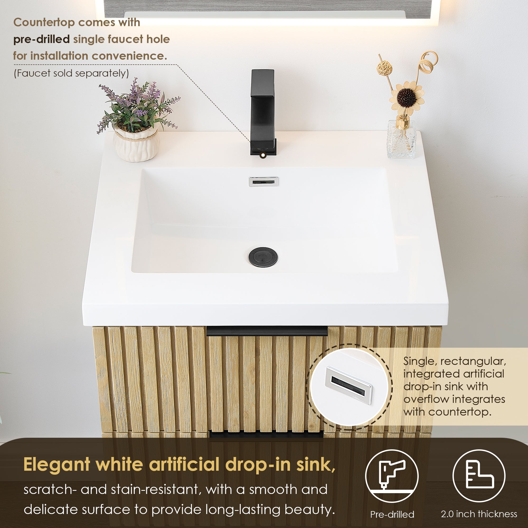 Livia 24" Wall-mounted Single Bathroom Vanity with White Artificial Drop-in Sink