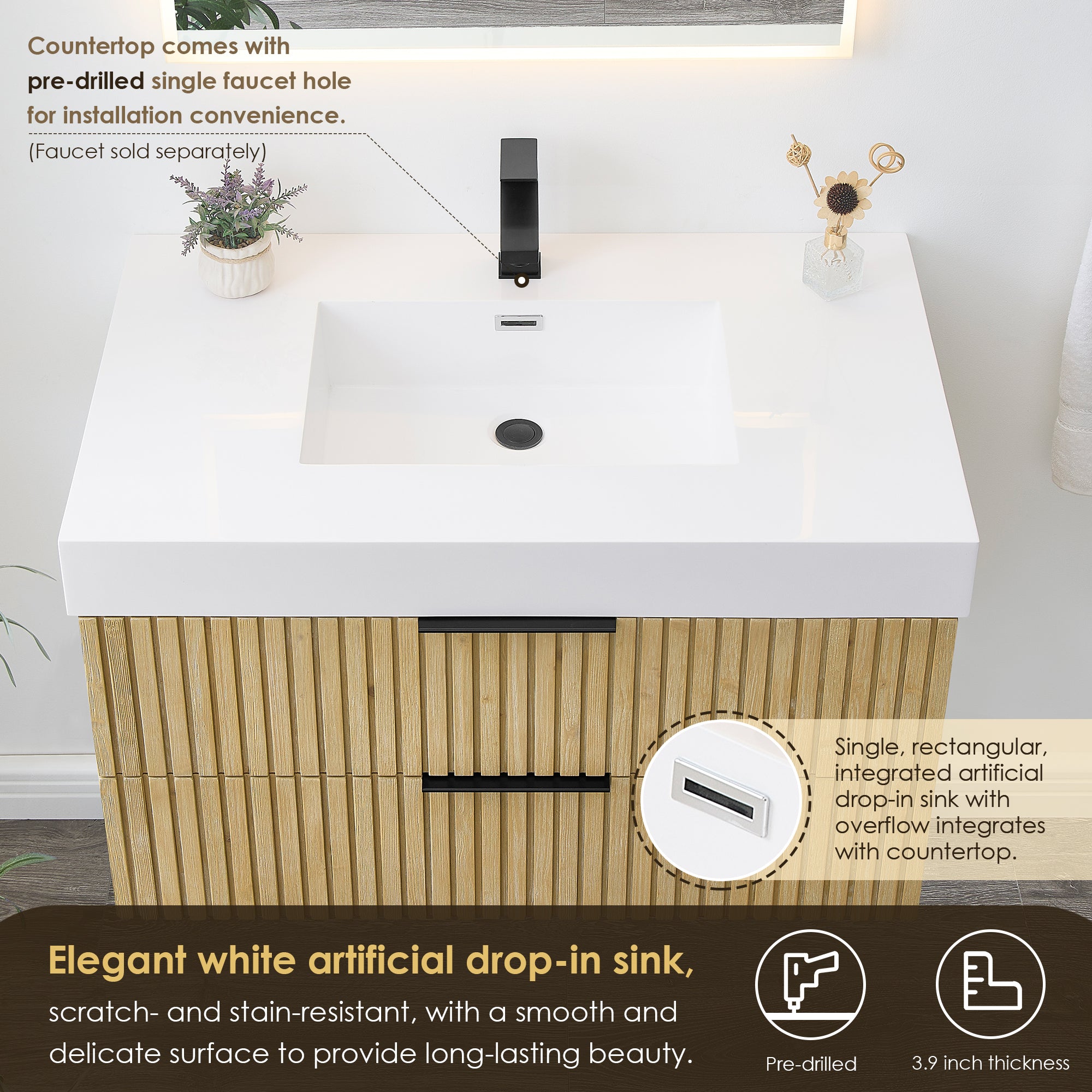 Livia 36" Wall-mounted Single Bathroom Vanity with White Artificial Drop-in Sink