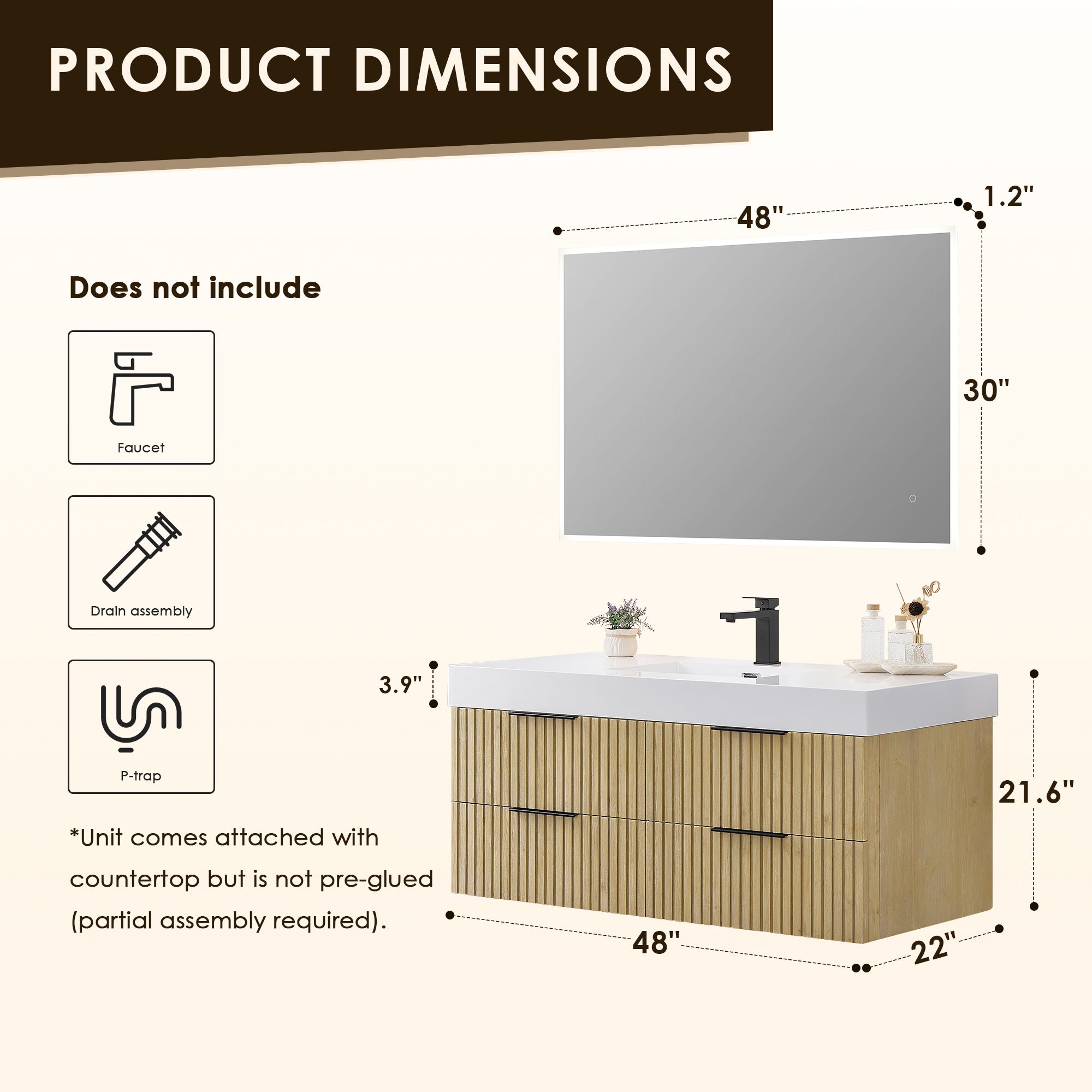 Livia 48" Wall-mounted Single Bathroom Vanity with White Artificial Drop-in Sink