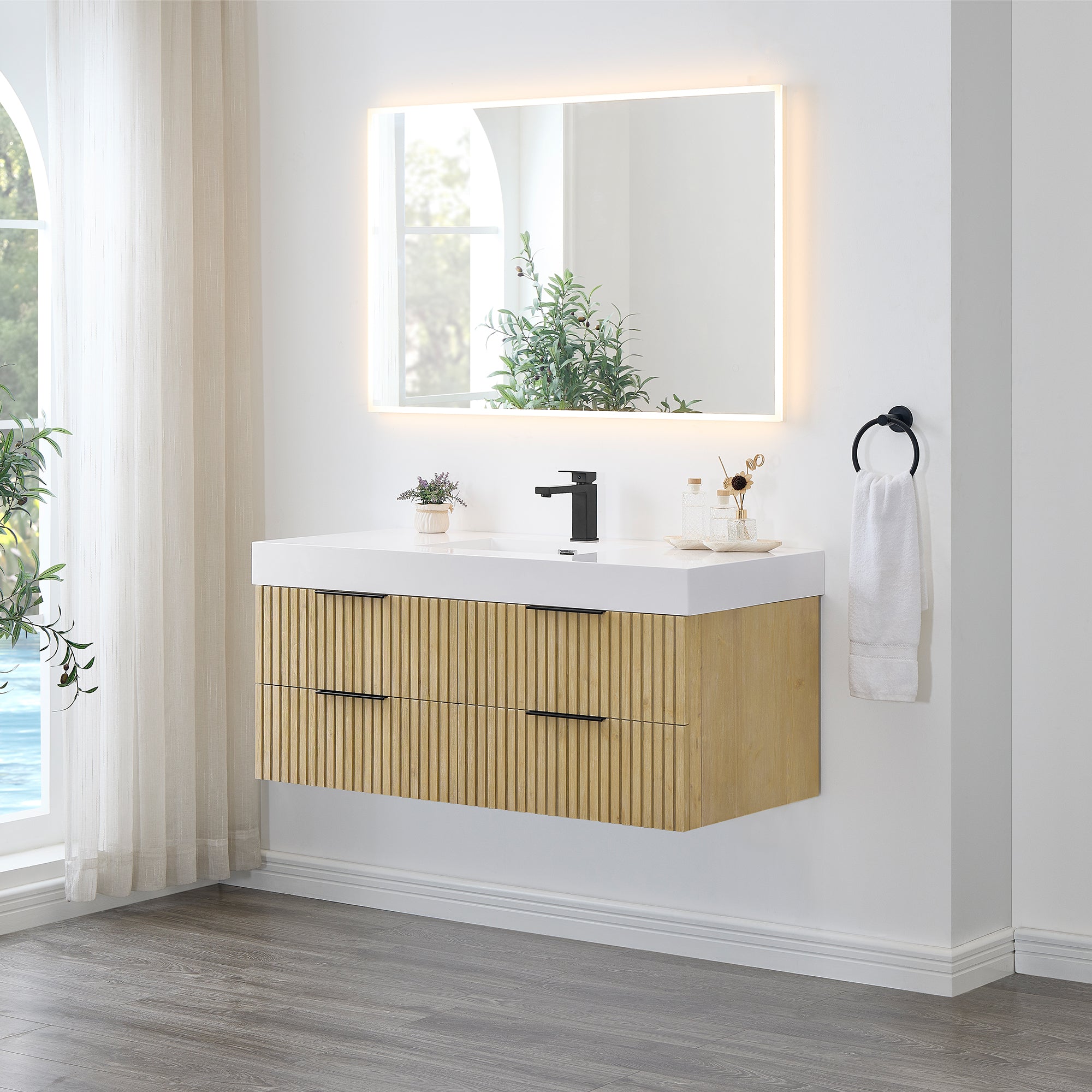 Livia 48" Wall-mounted Single Bathroom Vanity with White Artificial Drop-in Sink