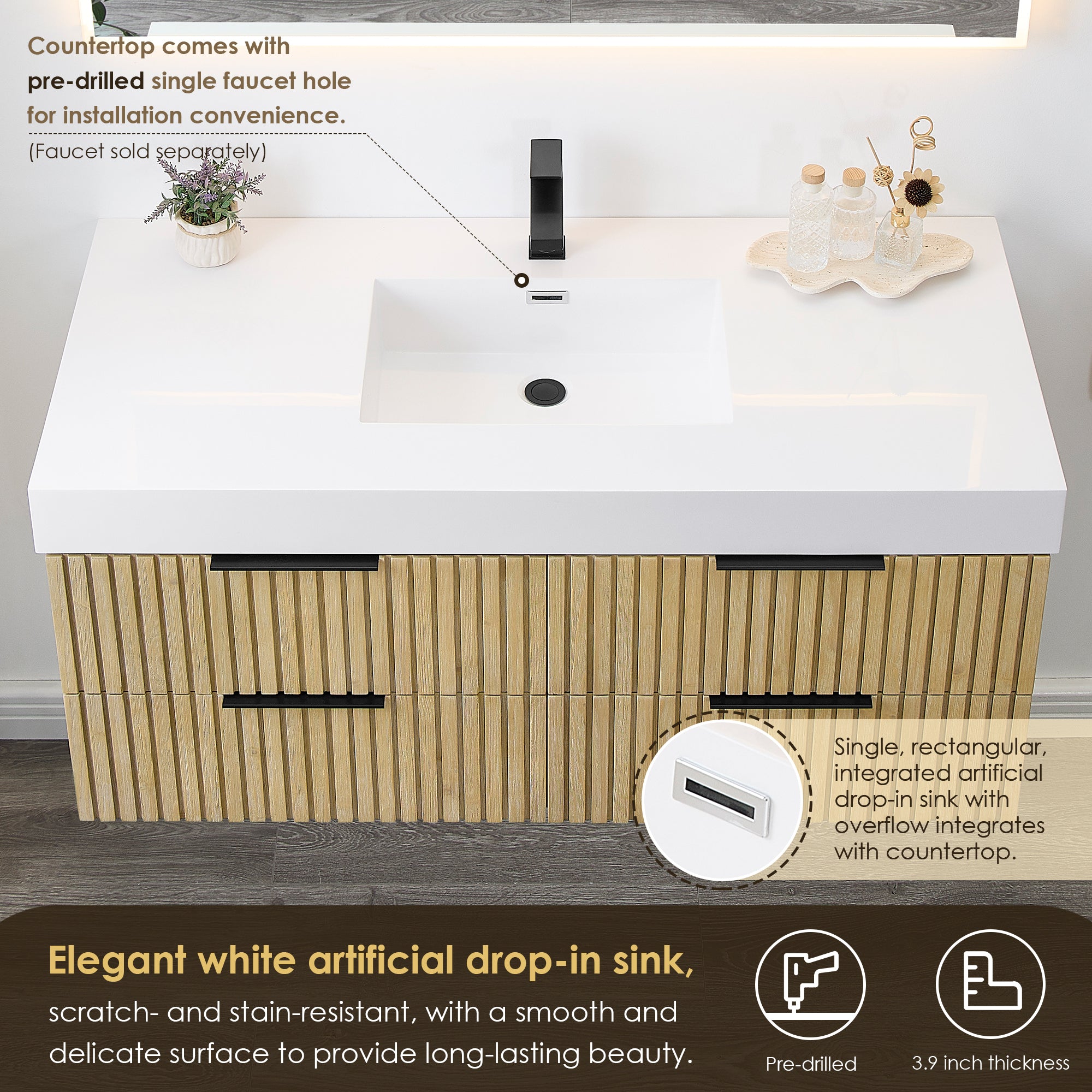 Livia 48" Wall-mounted Single Bathroom Vanity with White Artificial Drop-in Sink