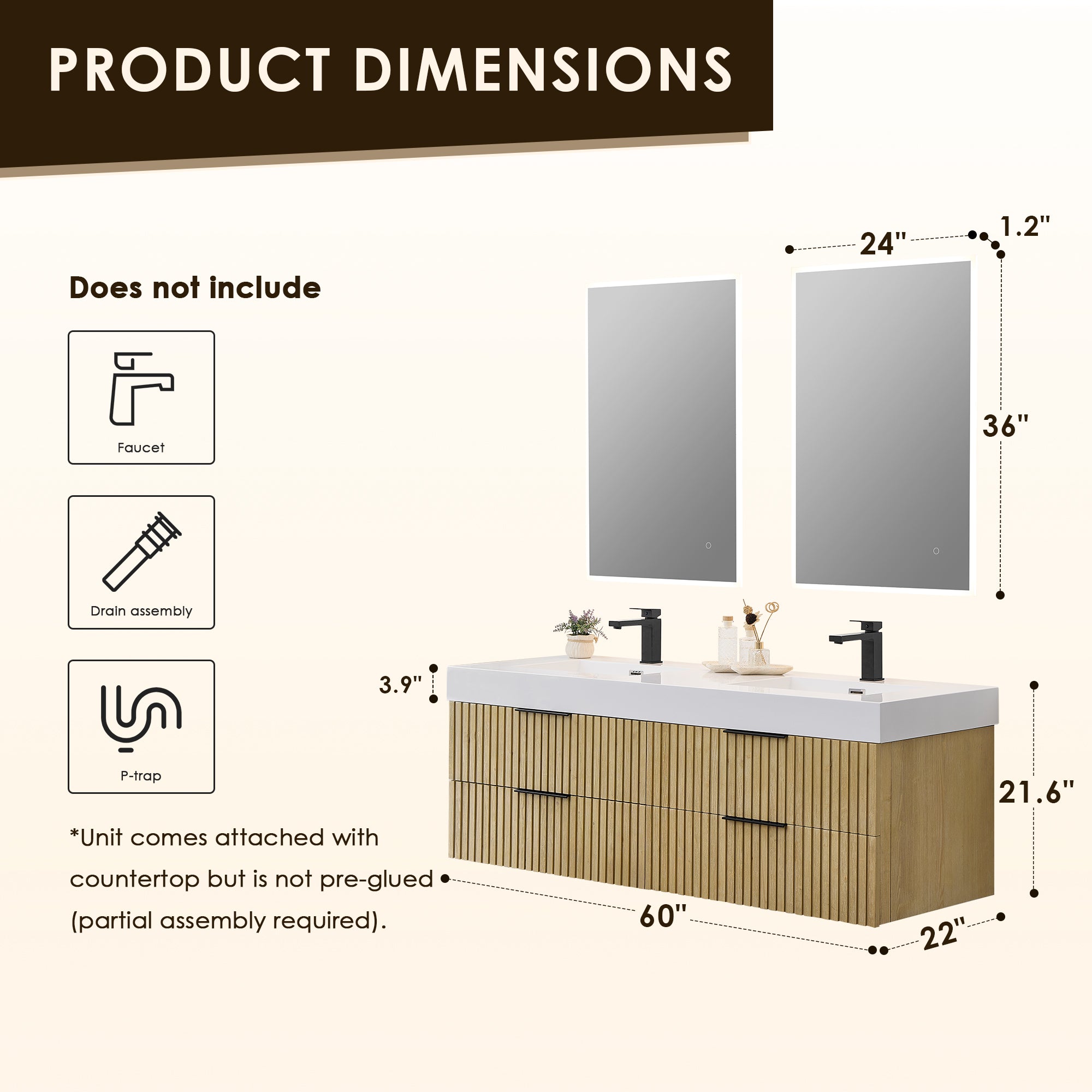 Livia 60" Wall-mounted Double Bathroom Vanity with White Artificial Drop-in Sink