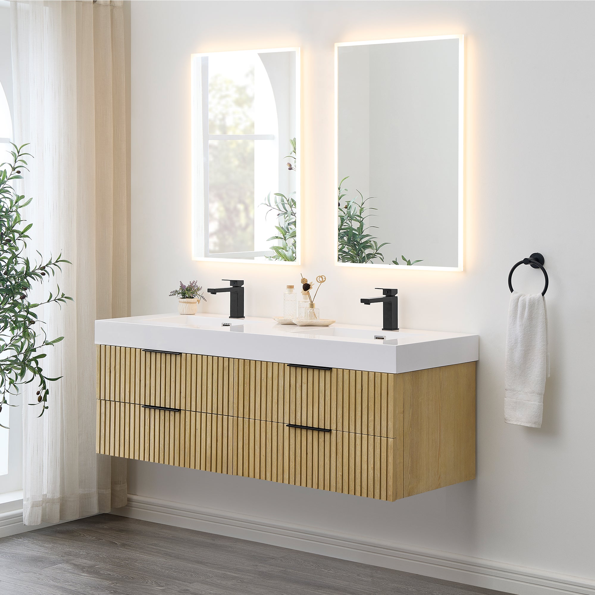 Livia 60" Wall-mounted Double Bathroom Vanity with White Artificial Drop-in Sink