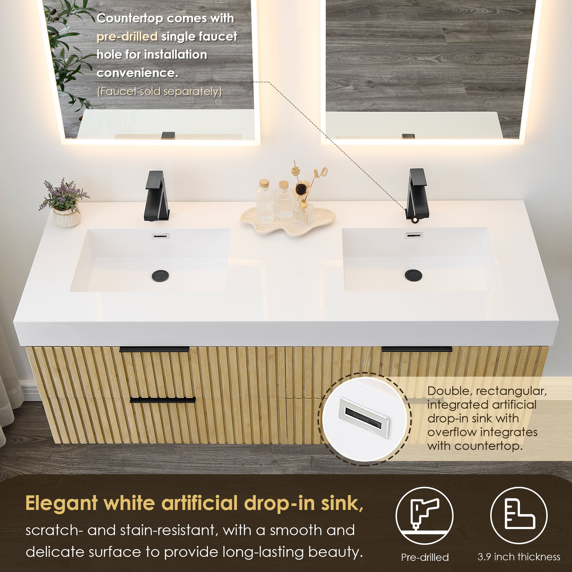 Livia 60" Wall-mounted Double Bathroom Vanity with White Artificial Drop-in Sink