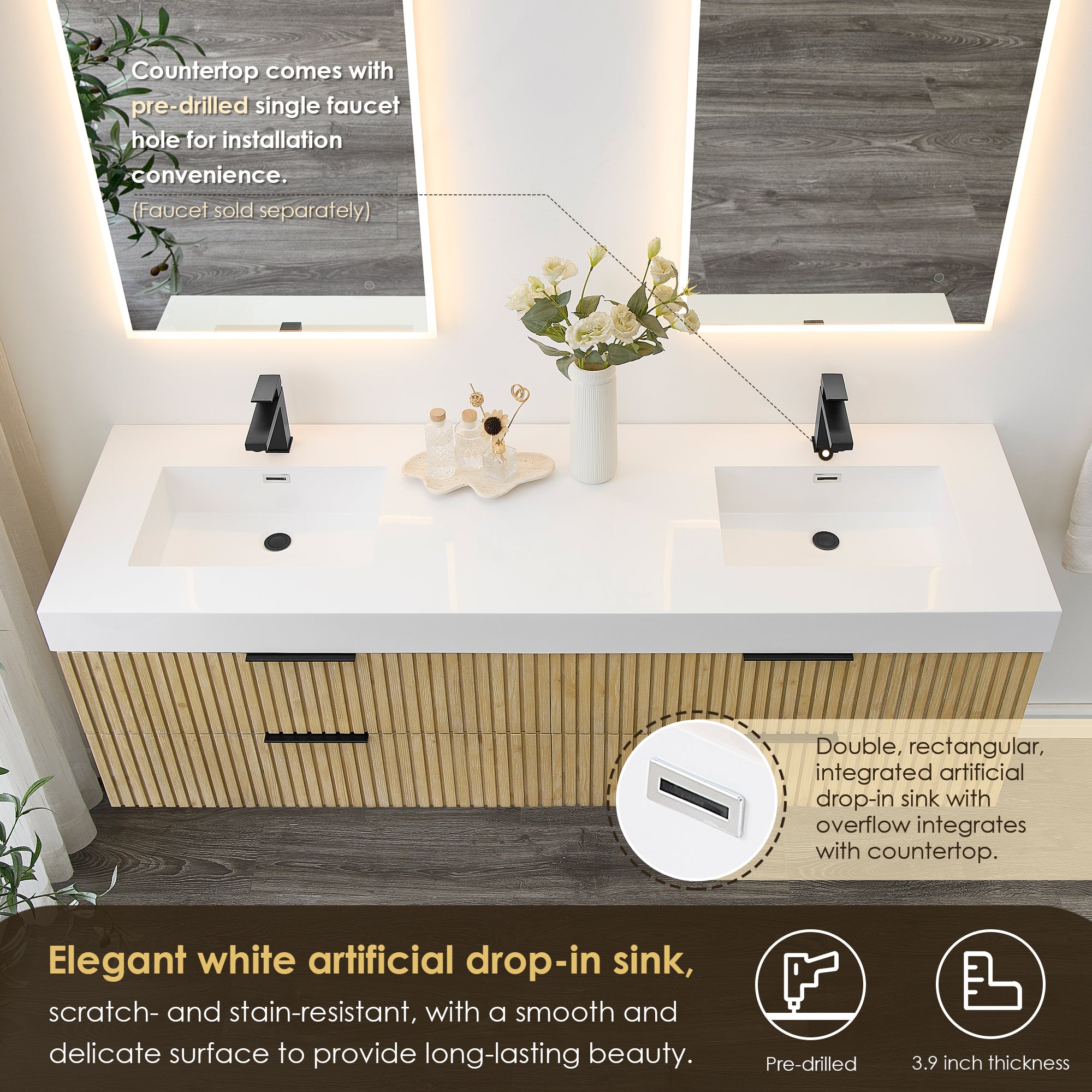 Livia 72" Wall-mounted Double Bathroom Vanity with White Artificial Drop-in Sink