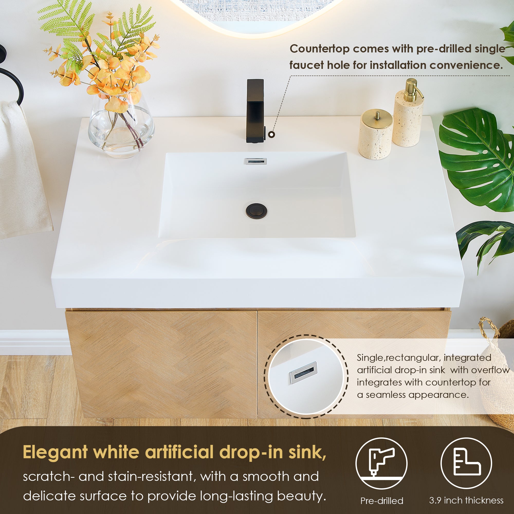 Siena 36" Wall-mounted Single Bathroom Vanity with White Artificial Drop-in Sink