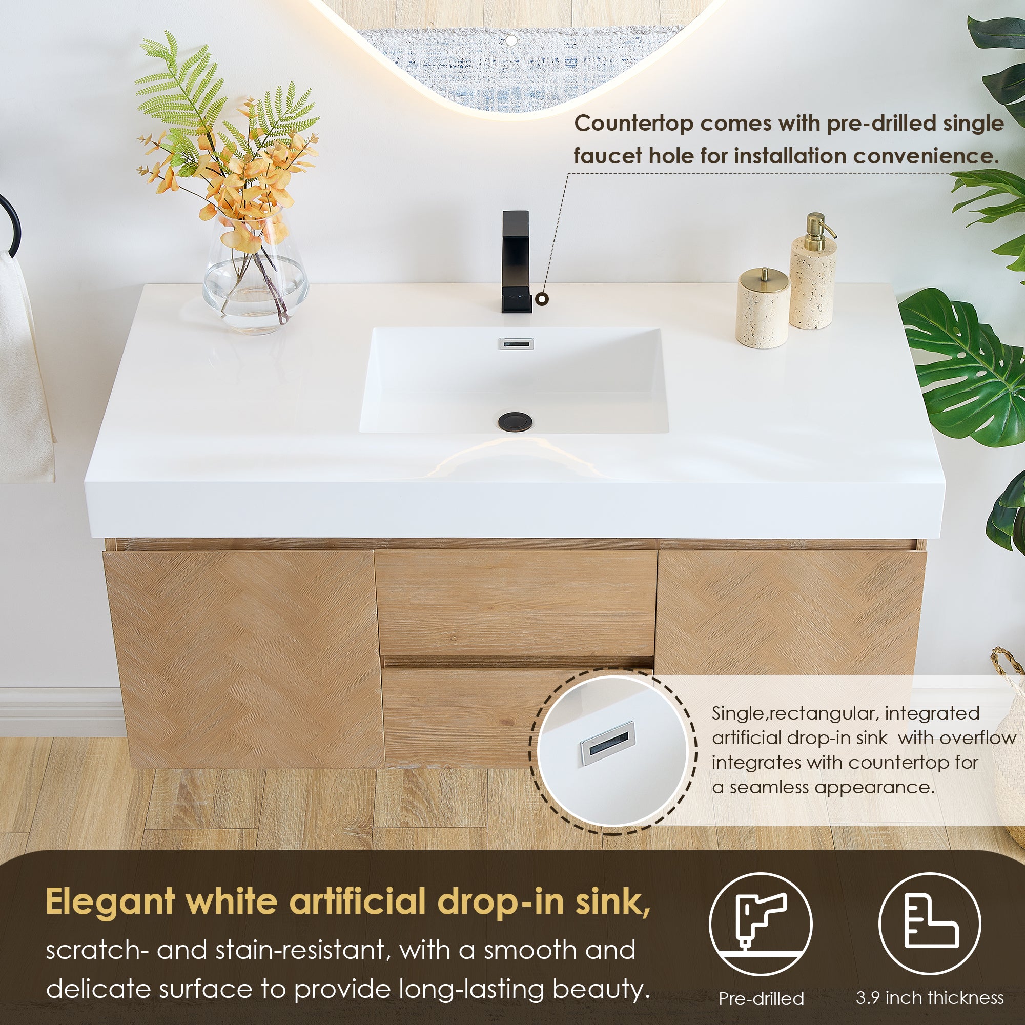 Siena 48" Wall-mounted Single Bathroom Vanity with White Artificial Drop-in Sink