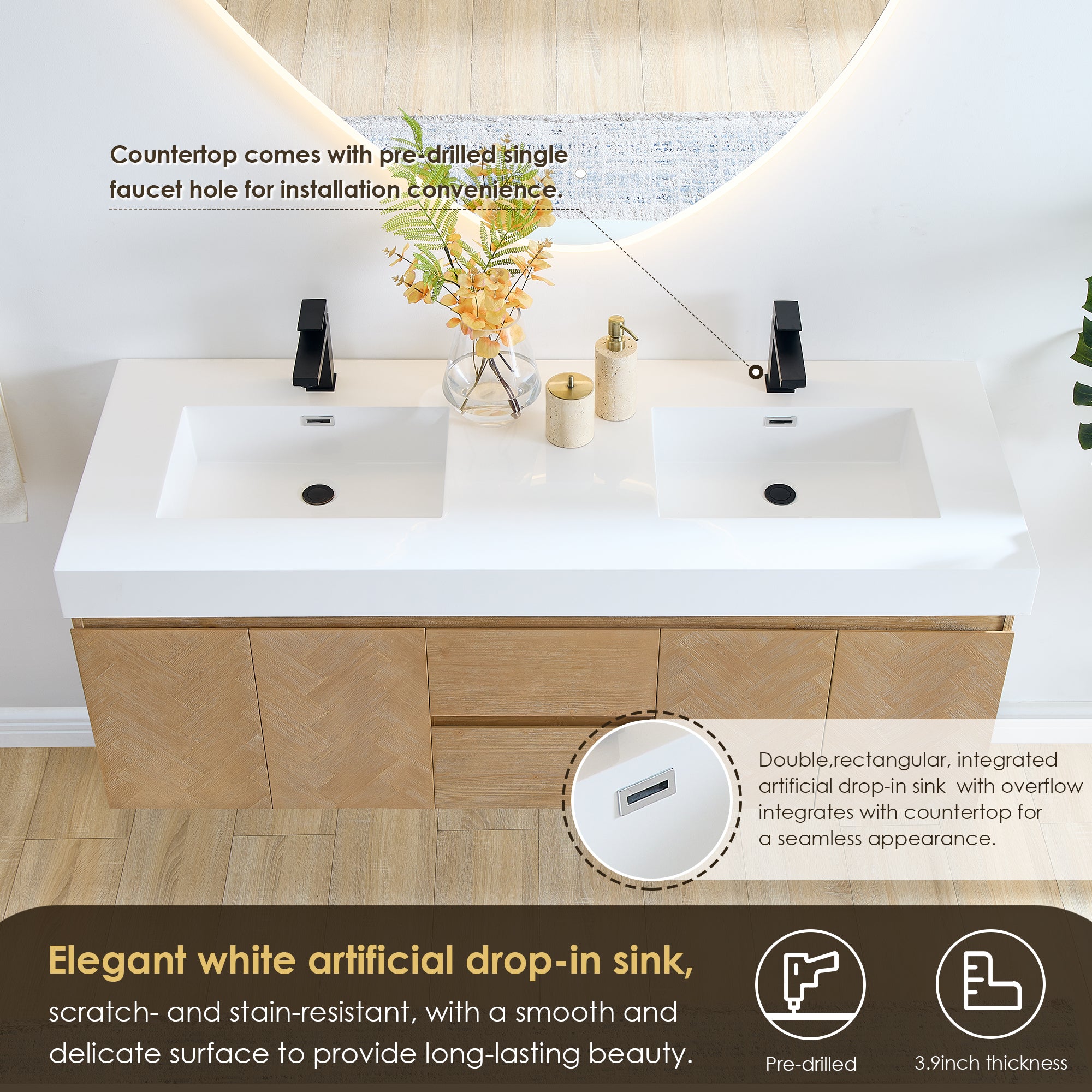 Siena 60" Wall-mounted Double Bathroom Vanity with White Artificial Drop-in Sink