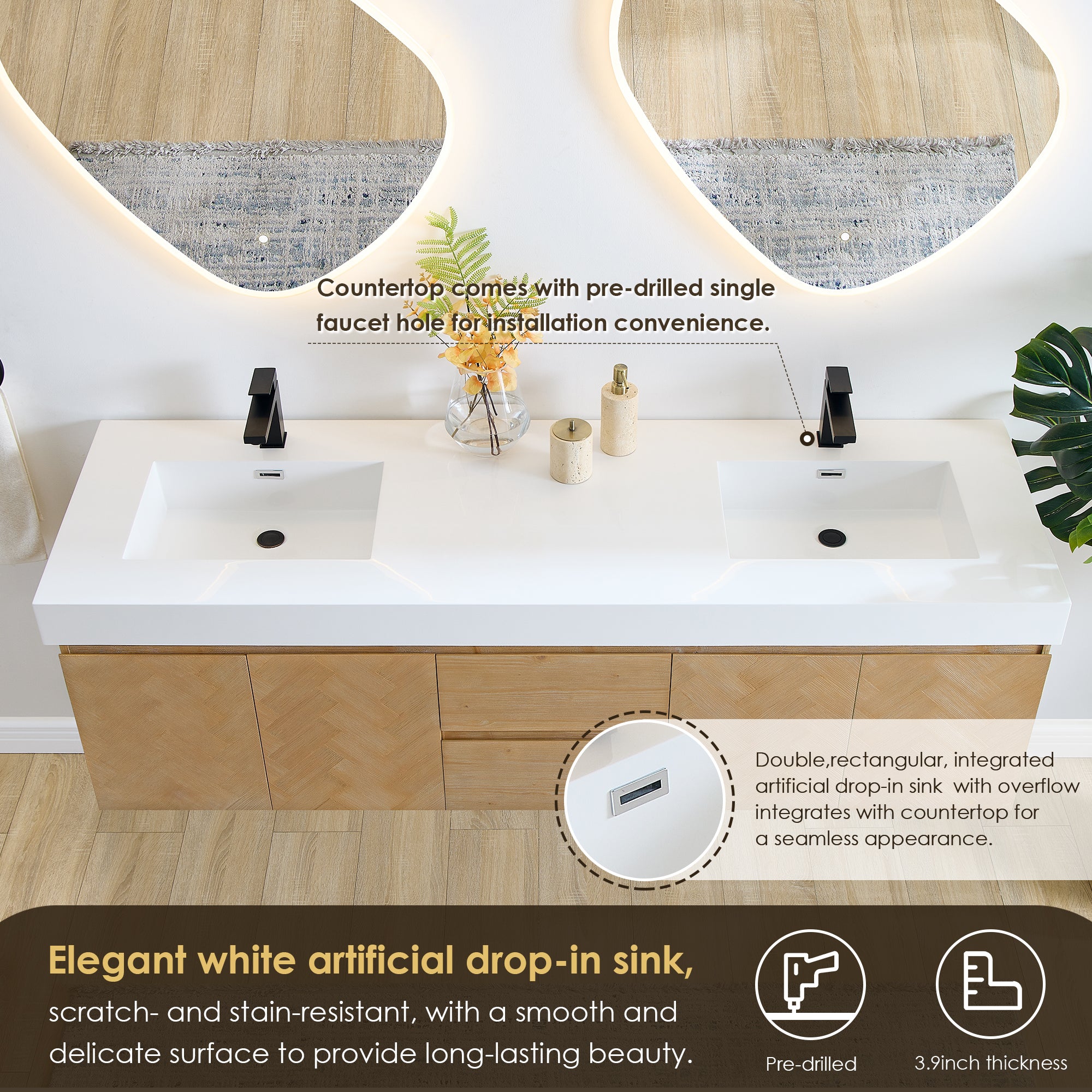 Siena 72" Wall-mounted Double Bathroom Vanity with White Artificial Drop-in Sink