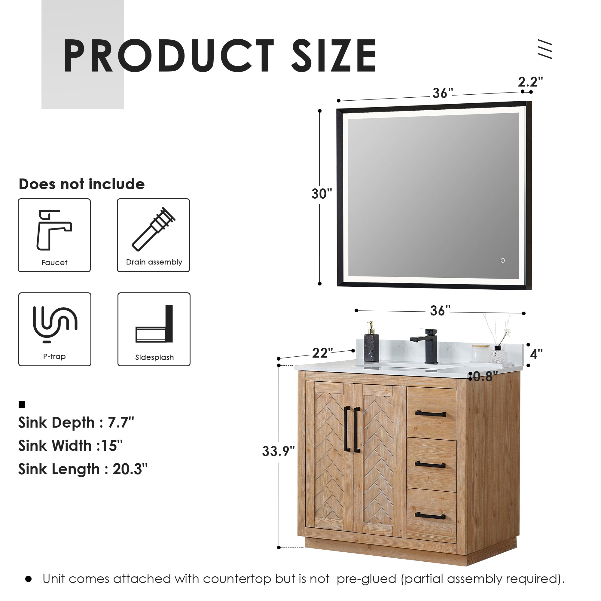 Anais 36" Single Bathroom Vanity in Light Brown with Engineered Stone Countertop