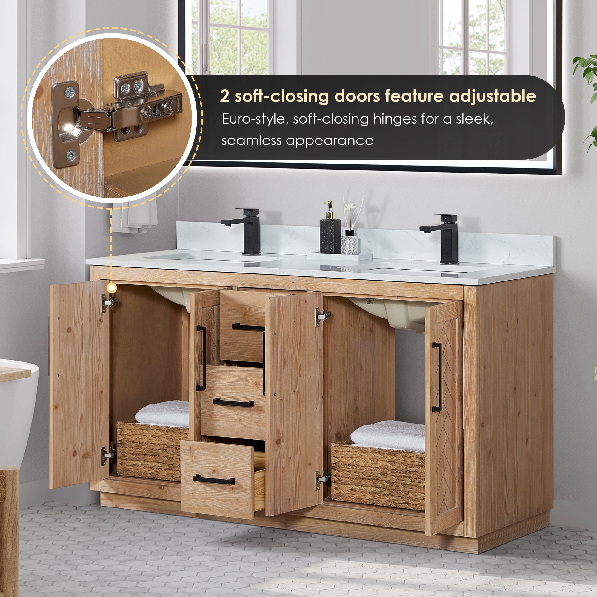 Anais 60" Double Bathroom Vanity in Light Brown with Engineered Stone Countertop