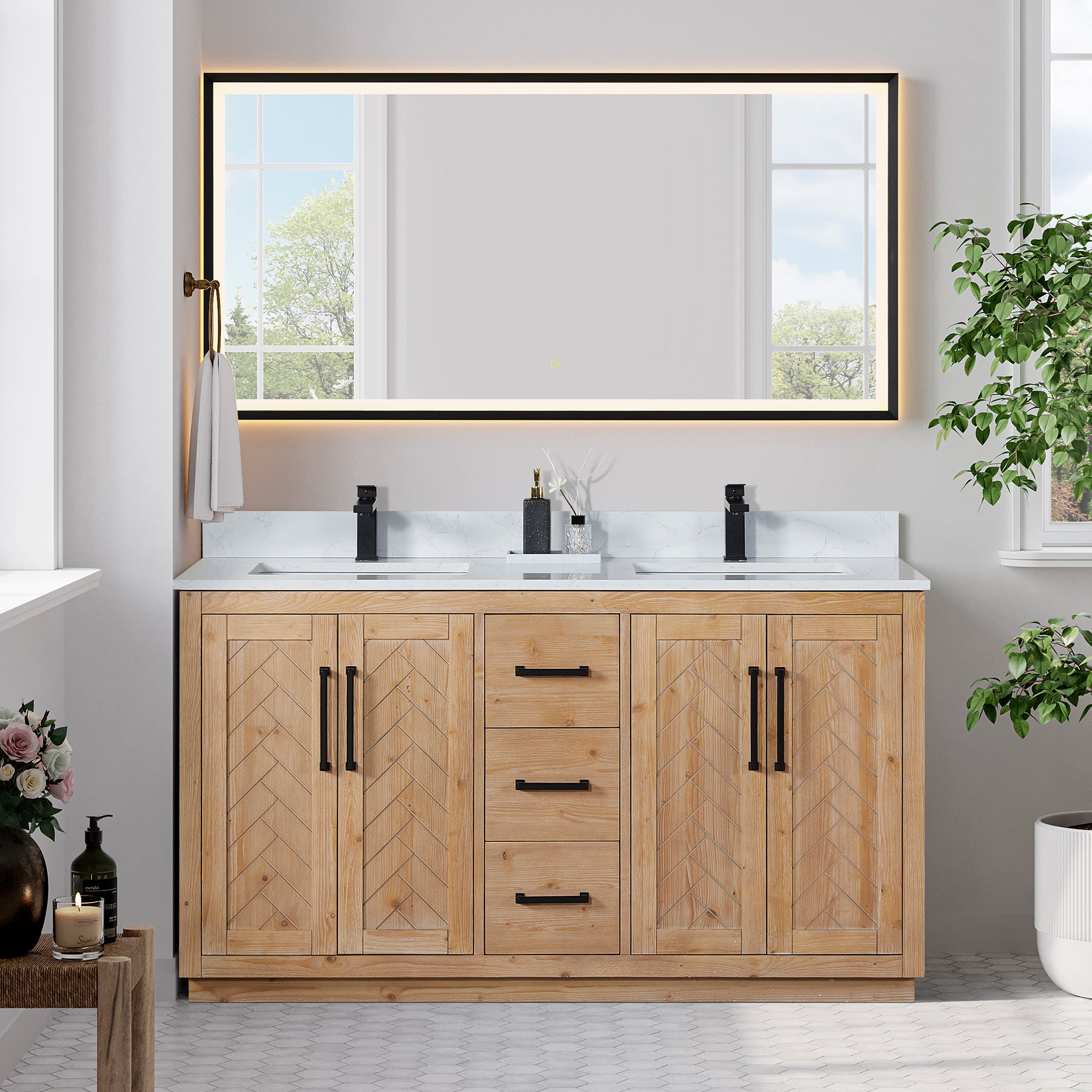 Anais 60" Double Bathroom Vanity in Light Brown with Engineered Stone Countertop