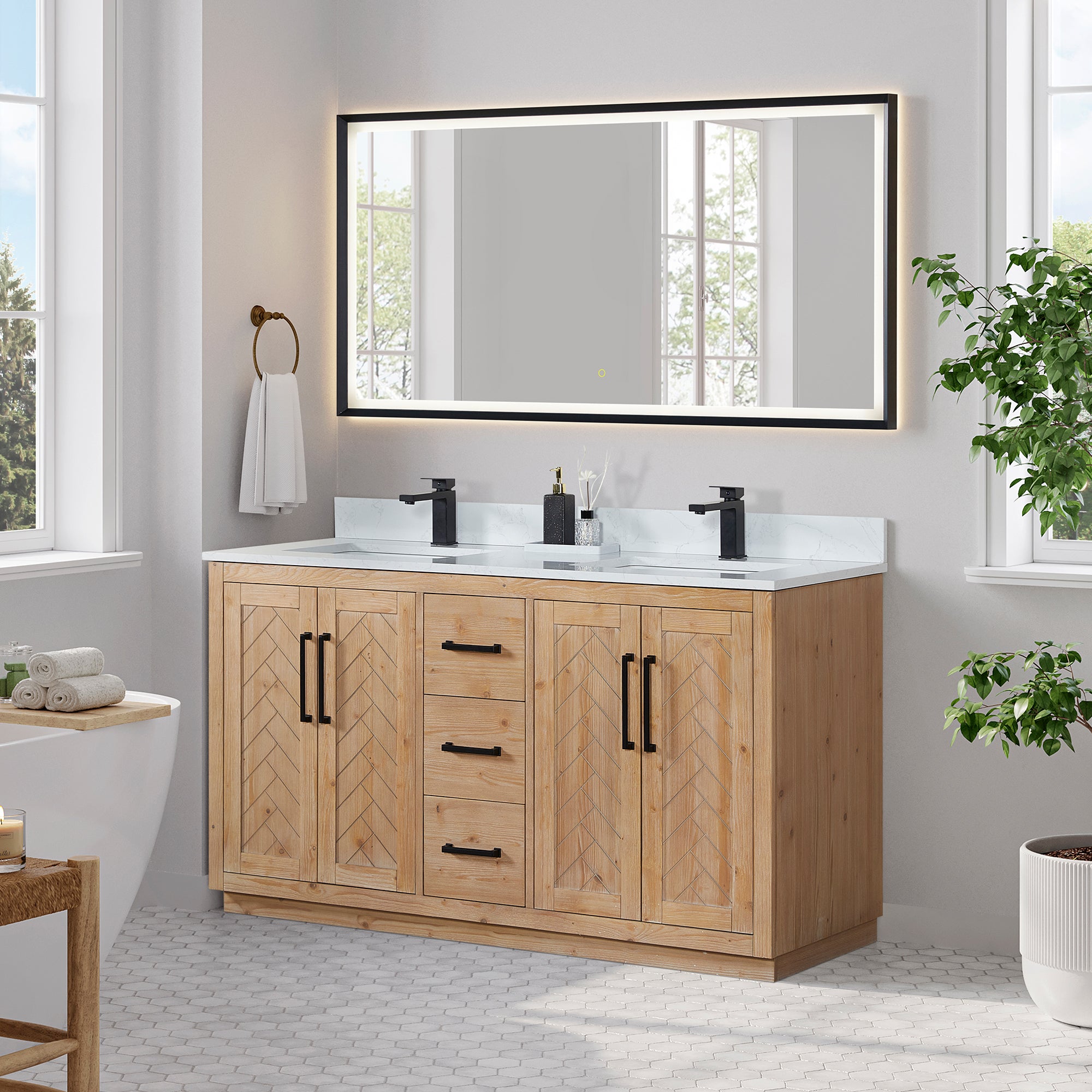 Anais 60" Double Bathroom Vanity in Light Brown with Engineered Stone Countertop