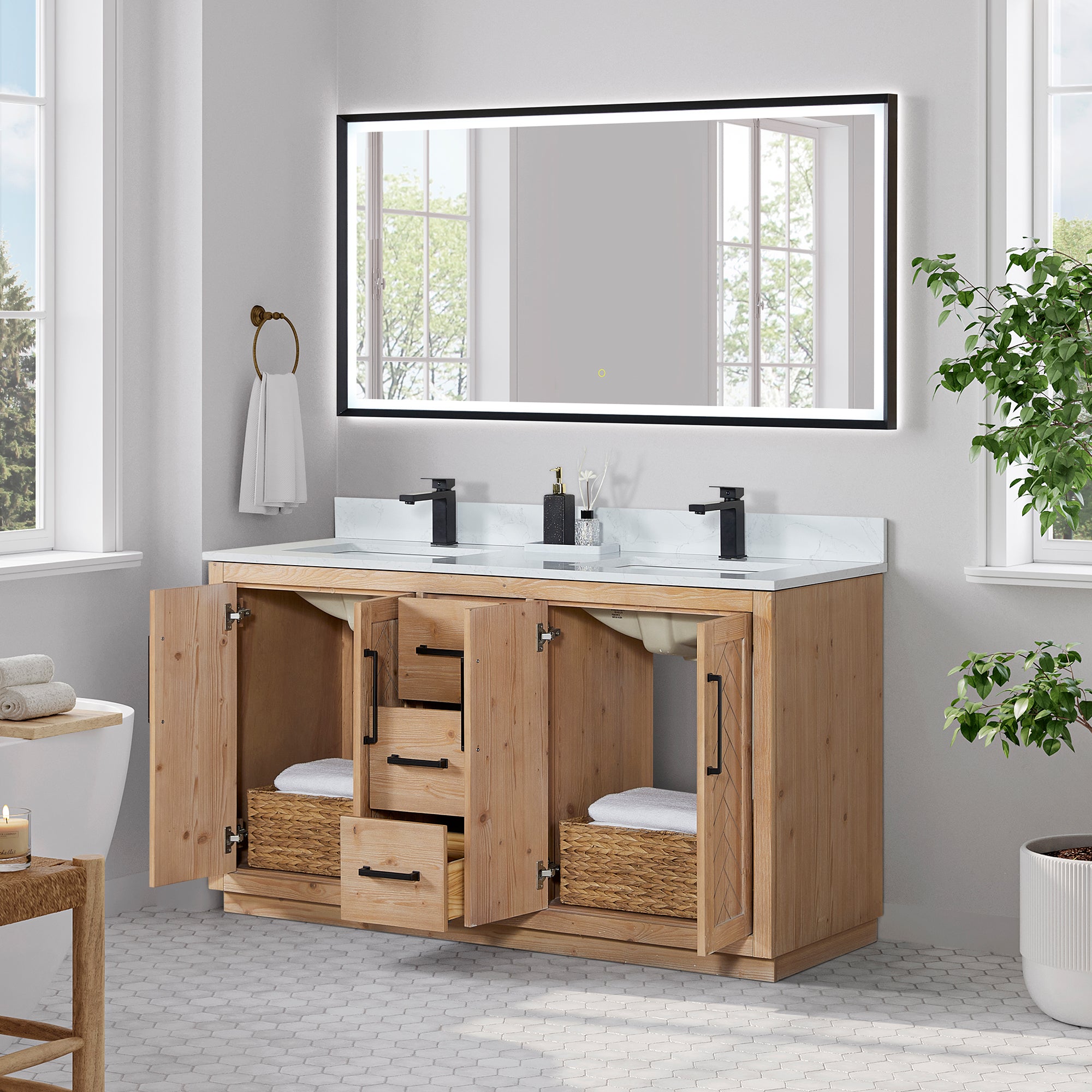 Anais 60" Double Bathroom Vanity in Light Brown with Engineered Stone Countertop