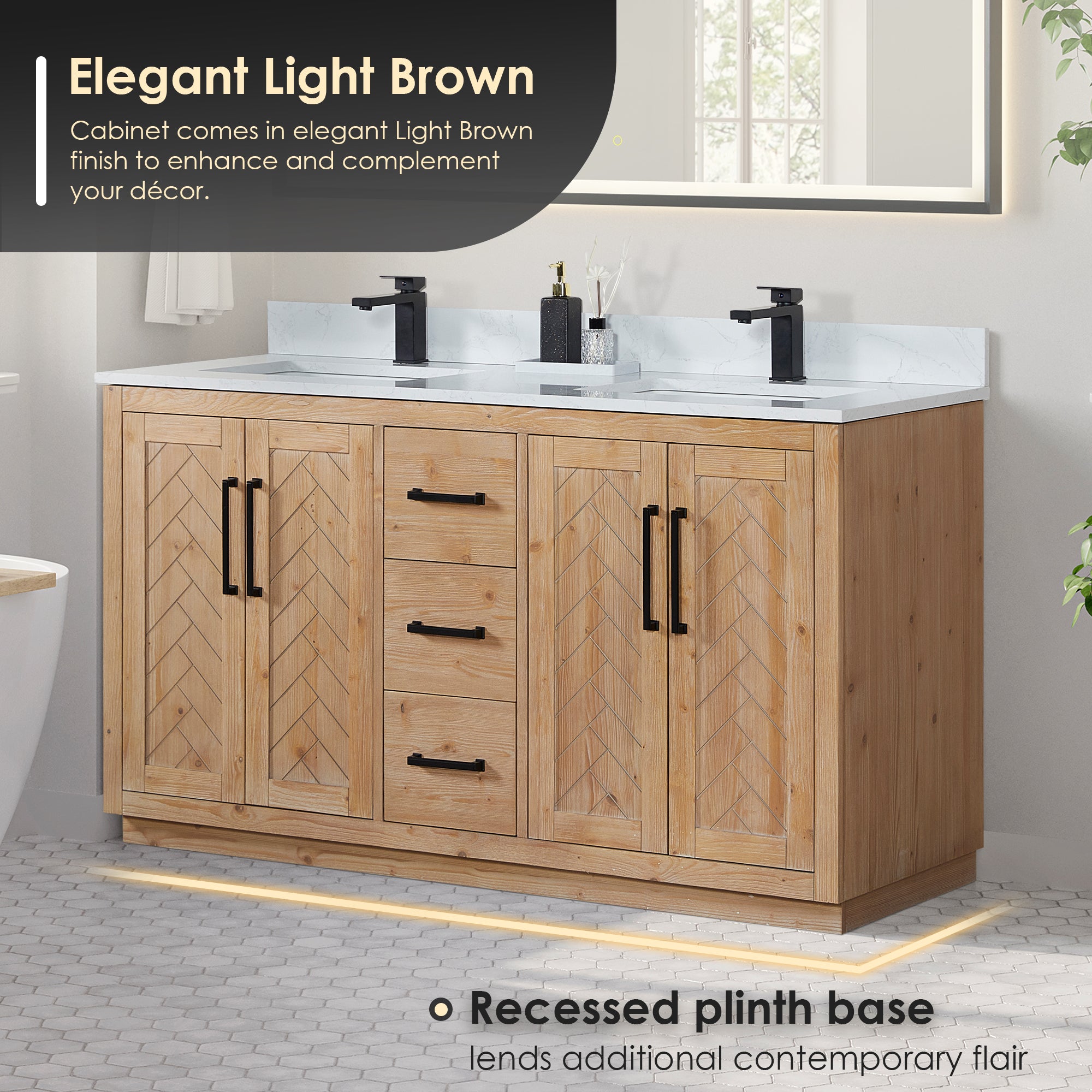 Anais 60" Double Bathroom Vanity in Light Brown with Engineered Stone Countertop