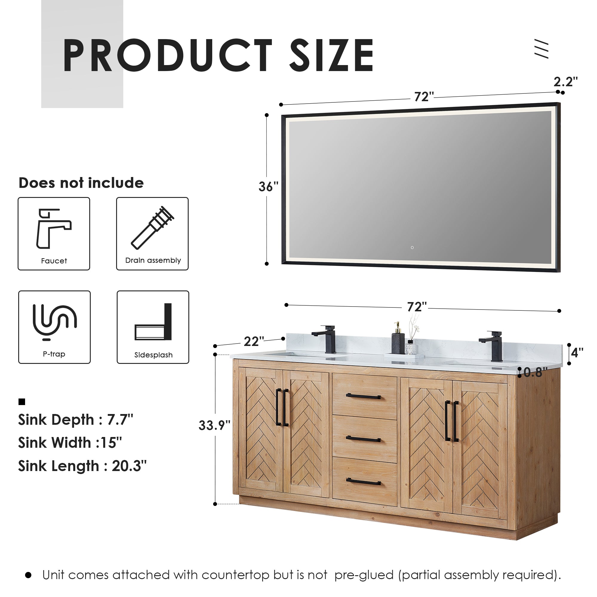 Anais 72" Double Bathroom Vanity in Light Brown with Engineered Stone Countertop