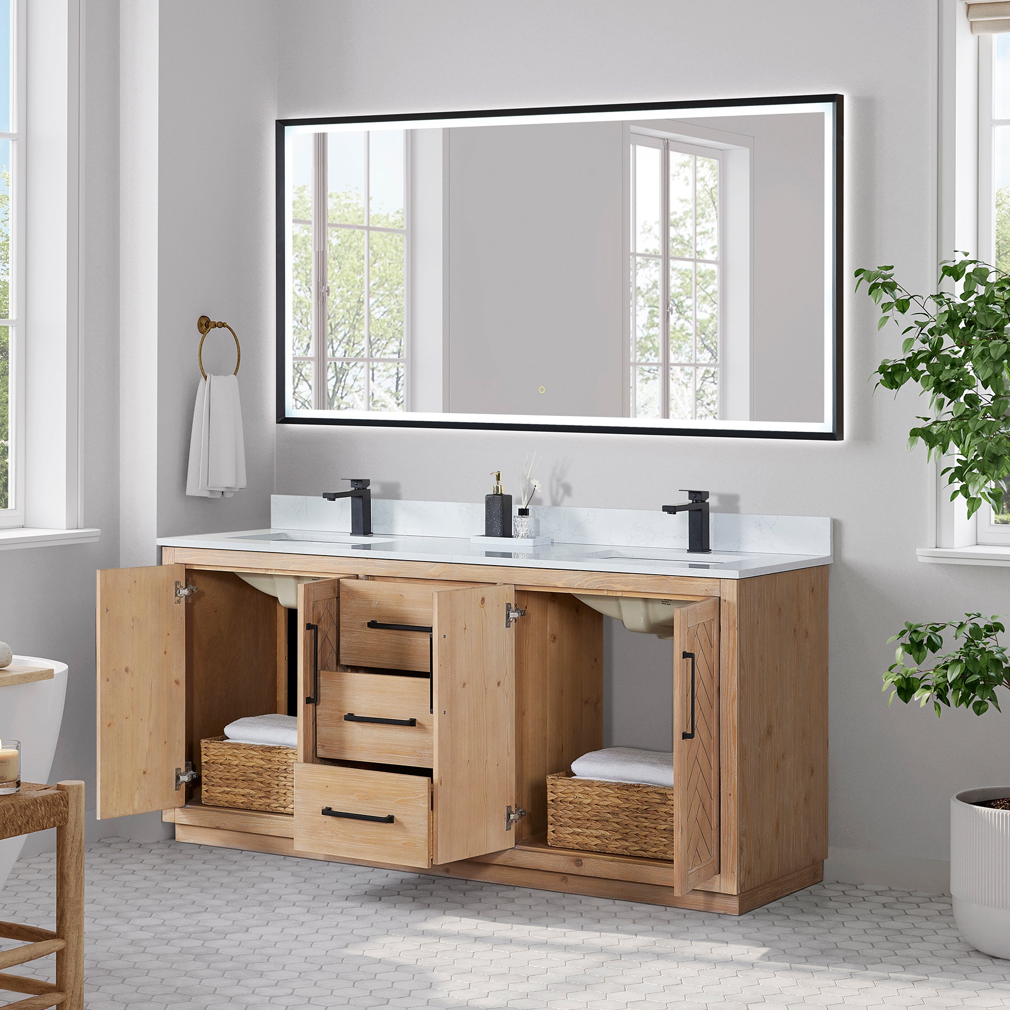 Anais 72" Double Bathroom Vanity in Light Brown with Engineered Stone Countertop